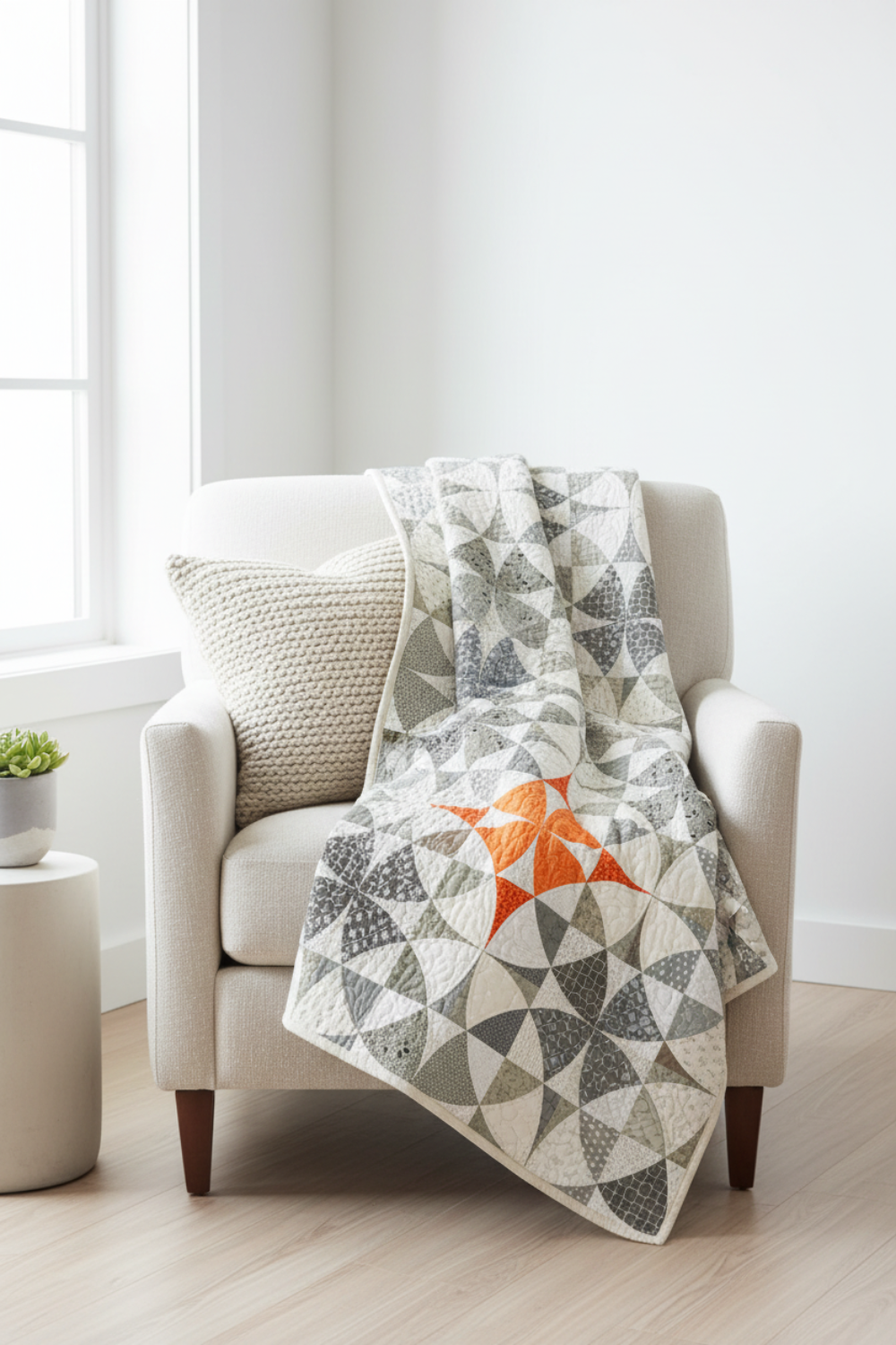 Chic Country quilt pattern by Sew Kind of Wonderful — modern curved pinwheel blocks in scrappy gray and white low-volume prints with bold orange accent — 57″×57″ — fat quarter friendly — requires Quick Curve Ruler (QCR) — Shop at IraRobi Quilts — #ChicCountryQuilt #QuickCurveRuler