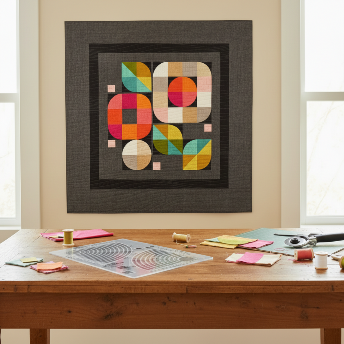 Creative Grids Non-Slip Circle Savvy Ruler on a sewing table with fabric remnants and thread bobbins, with a finished modern circle quilt in charcoal, pink, orange, teal, and mustard displayed on the wall behind. Quilts shown for inspiration feature the Mod Flower Box Quilt Pattern by Robin Pickens