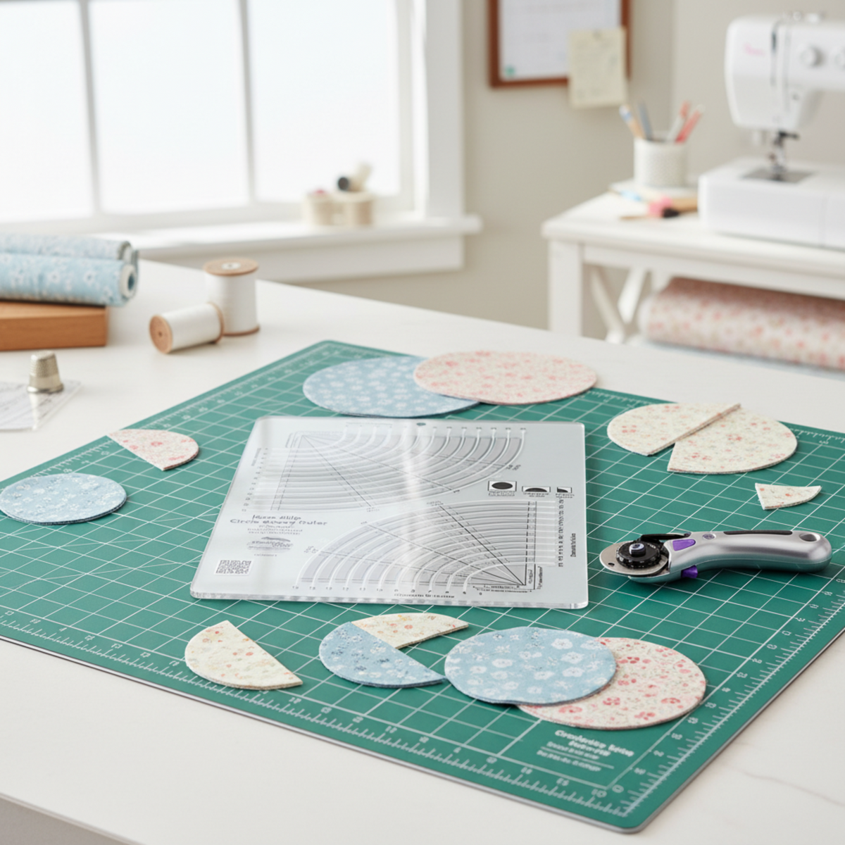Creative Grids Non-Slip Circle Savvy Ruler on a green self-healing cutting mat surrounded by cut fabric circles and semi-circles in blue floral and cream prints, with a rotary cutter and sewing machine visible in a bright quilting studio