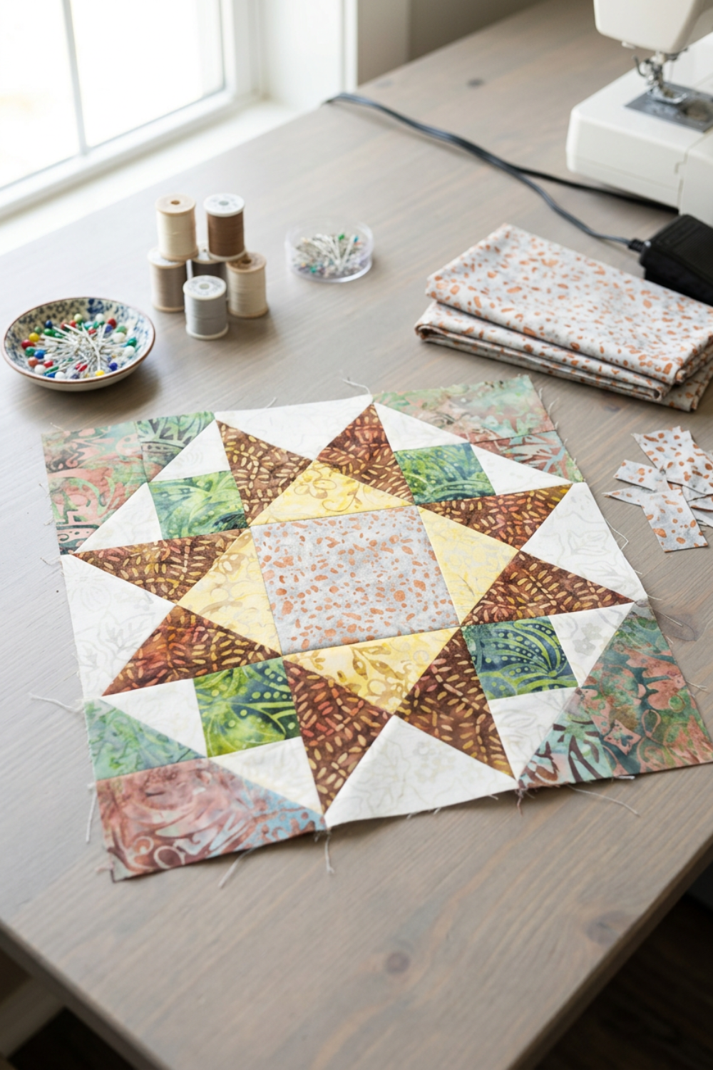Unfinished star quilt block with a Coastal Path print center beside folded fabric, remnants, pins, thread spools, and a sewing machine. Quilt blocks shown for inspiration. Coordinating fabrics and quilt patterns are available at IraRobi Quilts.