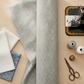 Essentials Connect The Dots Gray quilting cotton by Susan Winget for Wilmington Prints — styled sewing room flat lay with grey dot fabric alongside vintage sewing machine, grey and white thread spools, scissors, thimble, and cream and dusty blue fabric swatches