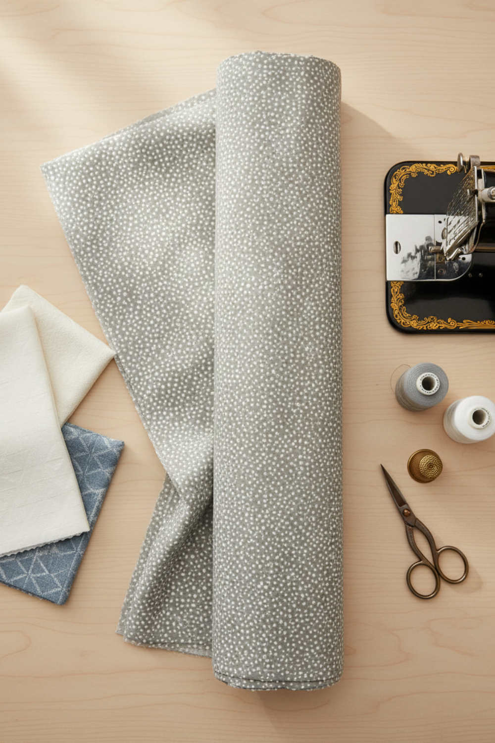 Essentials Connect The Dots Gray quilting cotton by Susan Winget for Wilmington Prints — styled sewing room flat lay with grey dot fabric alongside vintage sewing machine, grey and white thread spools, scissors, thimble, and cream and dusty blue fabric swatches