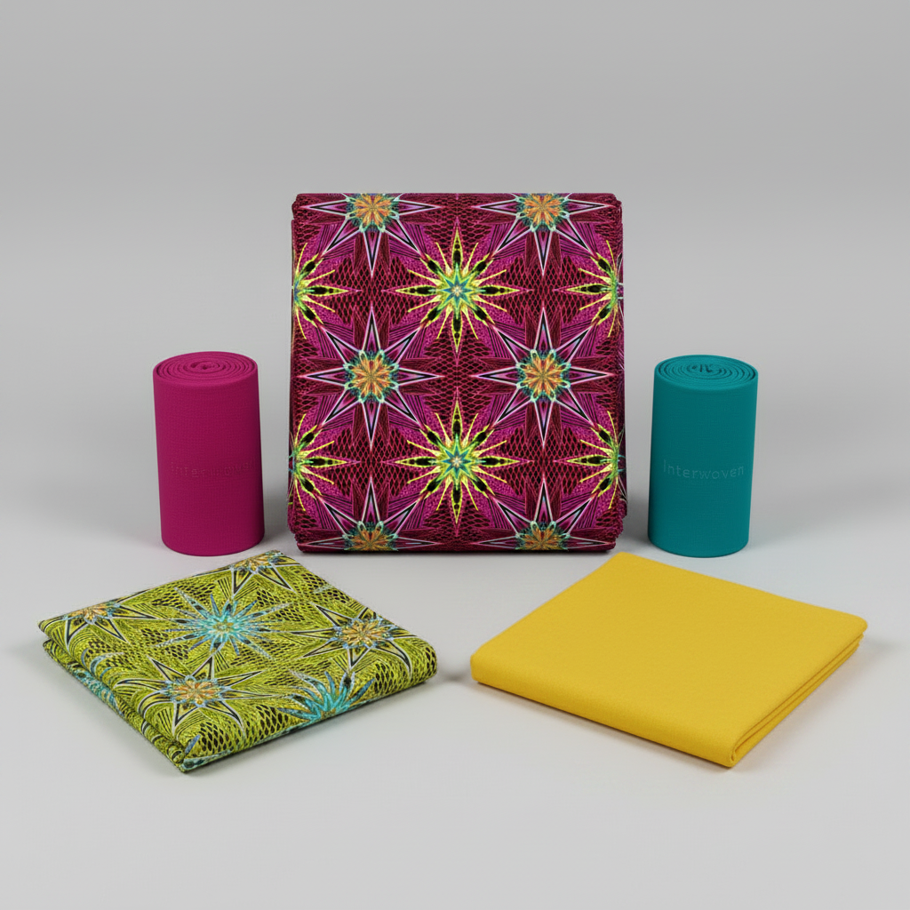 What If Radio Star Red/Multi coordinated with Interwoven Magenta, Teal, Yellow and Good Vibes Gold/Multi — mixed rolled and folded quilting cottons by Paula Nadelstern for Benartex