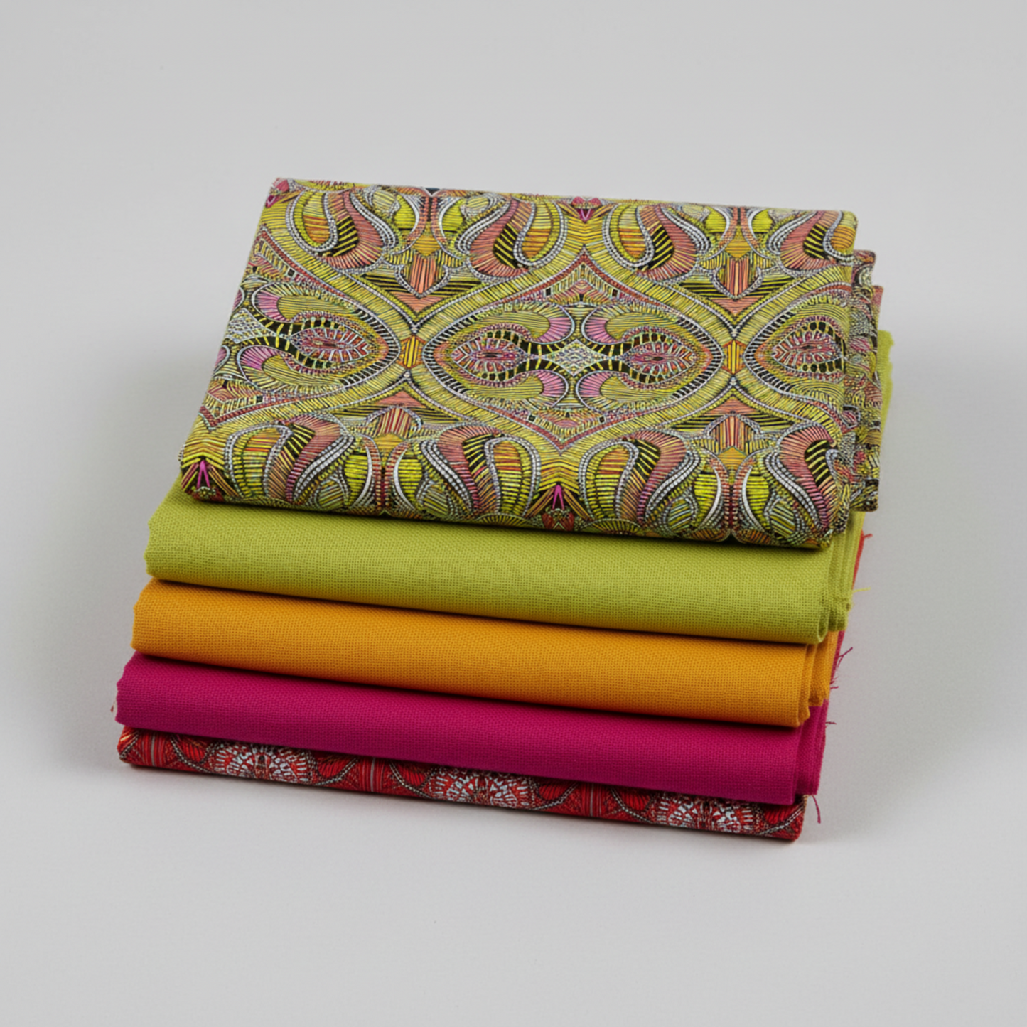 What If Good Vibes Gold/Multi coordinated with Interwoven Citron, Marigold, and Magenta quilting cottons and What If Radio Star Red/Multi — Paula Nadelstern for Benartex