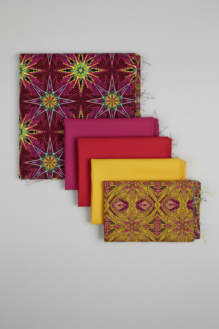 What If Radio Star Red/Multi fabric in cascading staircase with Interwoven Magenta, Red, Yellow and Good Vibes Gold/Multi — quilting color palette by Paula Nadelstern for Benartex