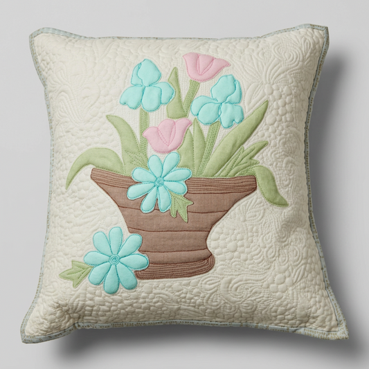 Cottage Blooms handmade quilted pillow with aqua and pink flowers in a brown urn, green leaves, and white textured quilting on a light grey background.