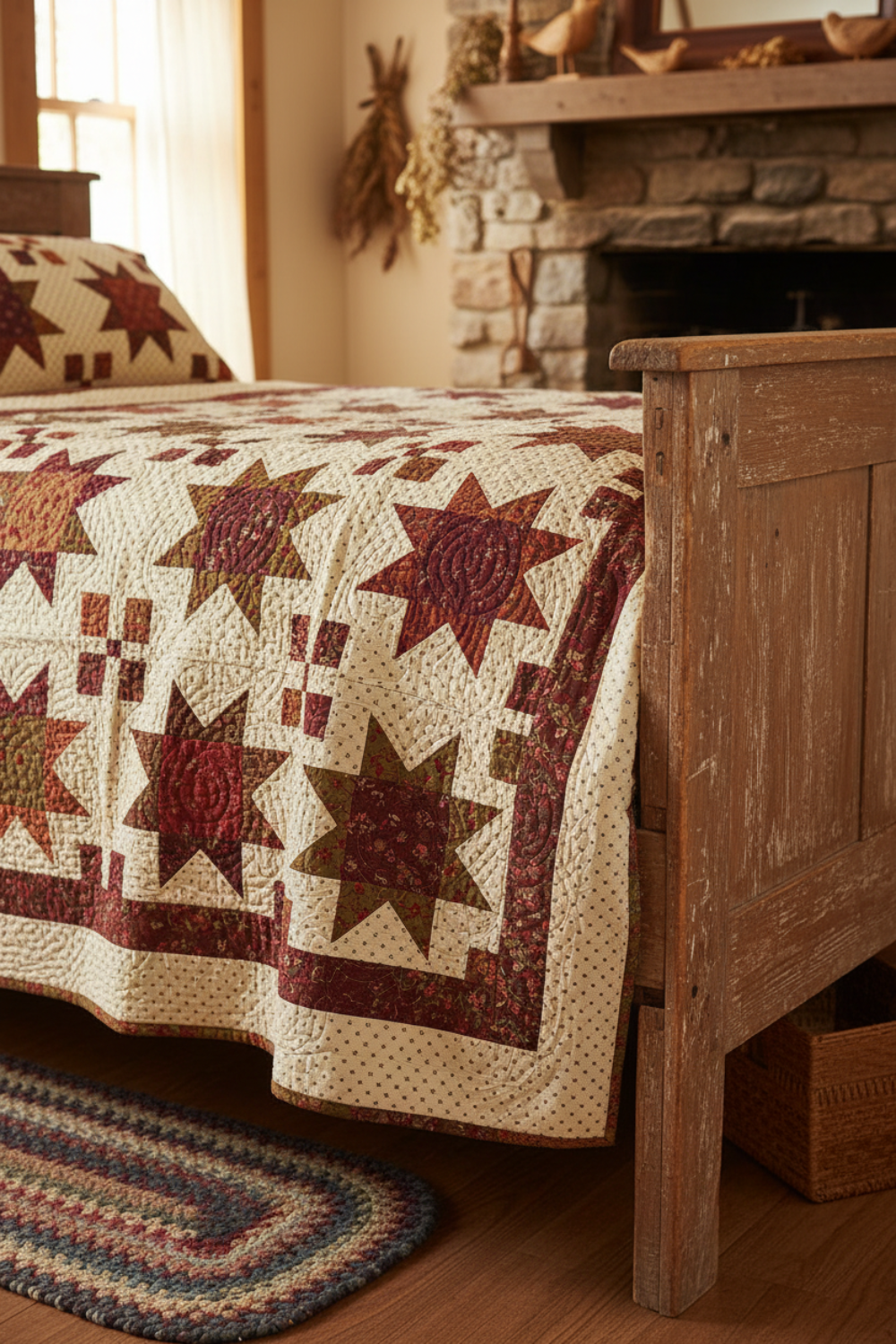 Scraps of Kindness Cream Nine Patch Boxes quilting cotton by Kim Diehl for Henry Glass — traditional quilt in a cozy cottage room, cream cross-grid background with dark brown, burgundy, red, and olive folk-art blocks, dense hand quilting