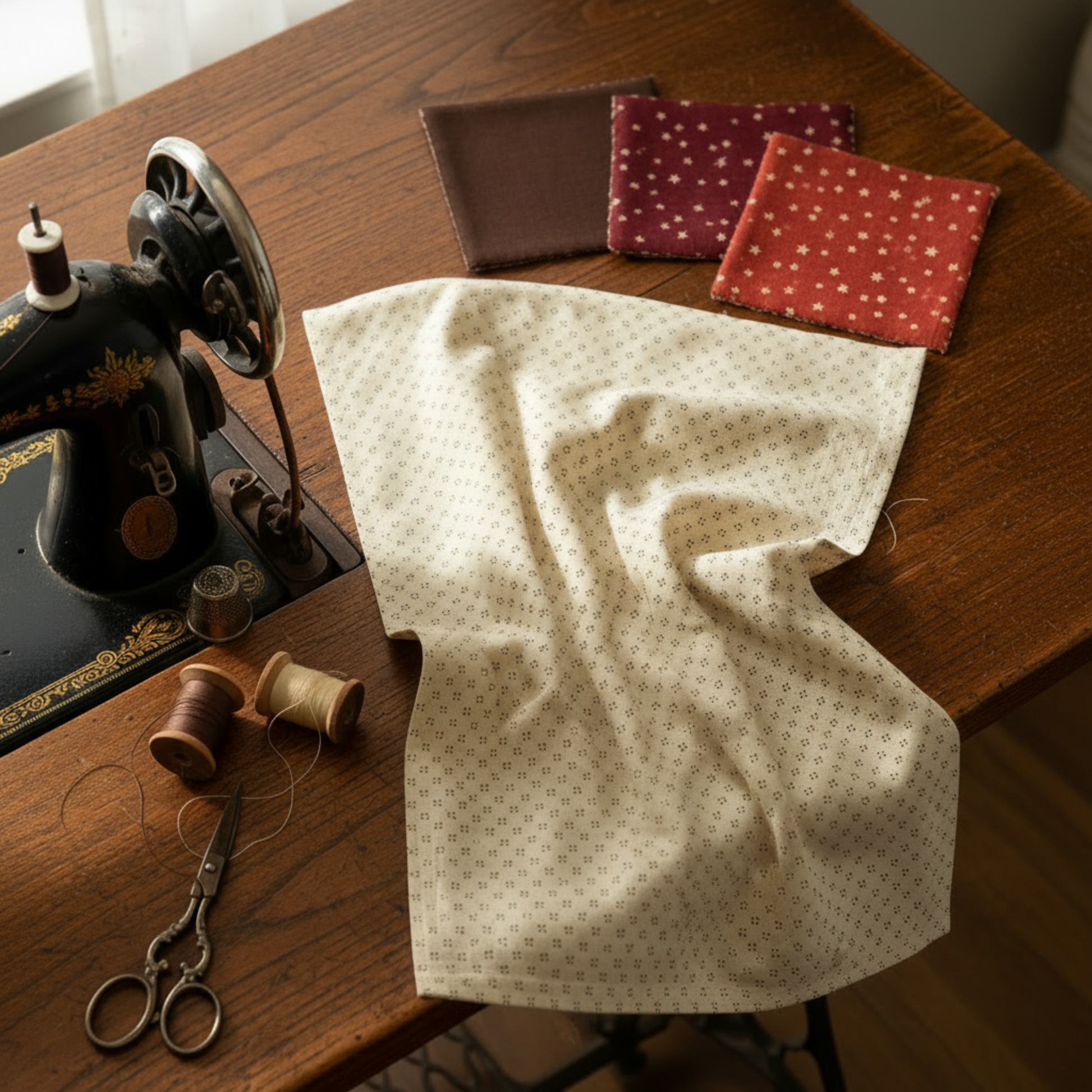 Scraps of Kindness Cream Nine Patch Boxes quilting cotton by Kim Diehl for Henry Glass — styled sewing room with fabric folded on a wooden table alongside a vintage sewing machine, dark brown and cream thread spools, scissors, thimble, and dark brown, burgundy, and red fabric swatches