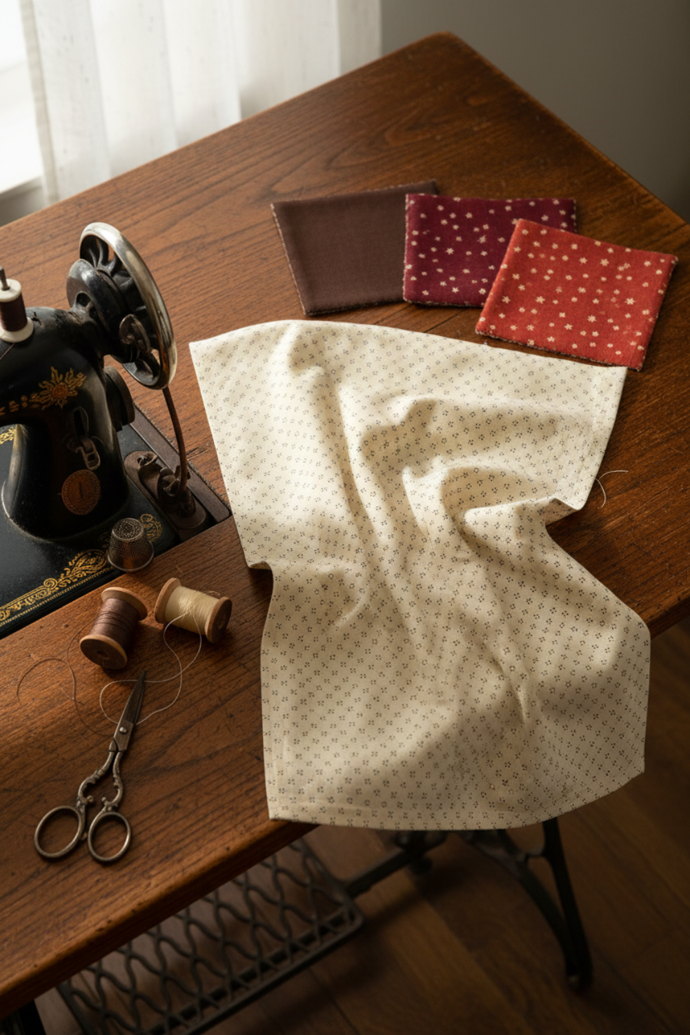 Scraps of Kindness Cream Nine Patch Boxes quilting cotton by Kim Diehl for Henry Glass — styled sewing room flat lay with fabric alongside vintage sewing machine, dark brown and cream thread spools, scissors, thimble, and dark brown, burgundy, and red fabric swatches