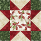 Winter Solstice II Cream Poinsettia Metallic Fabric by Jason Yenter for In The Beginning Fabrics — shown as the center panel in an Ohio Star quilt block with deep red poinsettia star points, forest green swirl corner squares, and cream snowflakes metallic background, all from the Winter Solstice II collection. Quilt blocks shown for inspiration. Coordinating fabrics and quilt patterns are available at IraRobi Quilts.