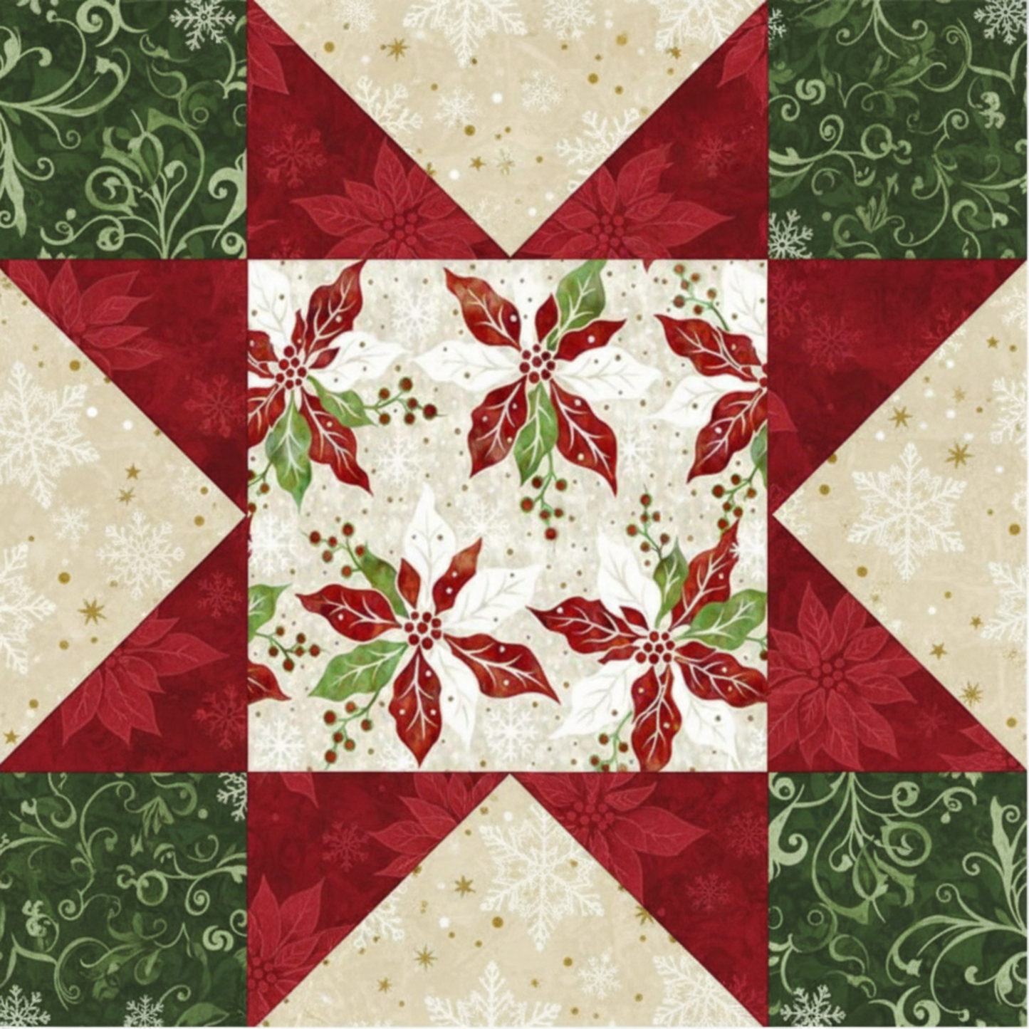Winter Solstice II Cream Poinsettia Metallic Fabric by Jason Yenter for In The Beginning Fabrics — shown as the center panel in an Ohio Star quilt block with deep red poinsettia star points, forest green swirl corner squares, and cream snowflakes metallic background, all from the Winter Solstice II collection. Quilt blocks shown for inspiration. Coordinating fabrics and quilt patterns are available at IraRobi Quilts.