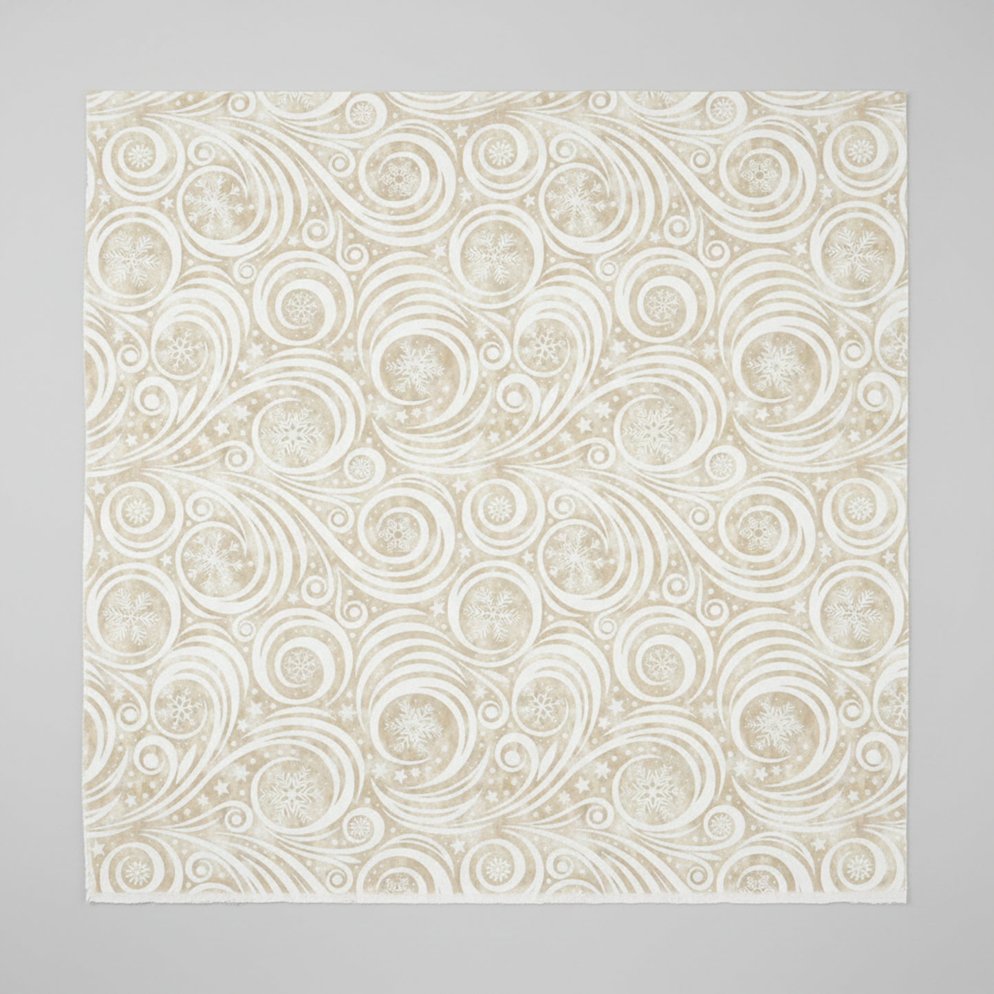 Winter Solstice II Cream Snow Swirl quilting cotton by Jason Yenter for In The Beginning Fabrics — close-up flat lay showing tone-on-tone pearl white scroll swirls and spirals with snowflakes nestled in the curls and tiny scattered stars on warm ecru mottled ground, 100% cotton, 43–44" wide. Coordinating fabrics and quilt patterns are available at IraRobi Quilts.