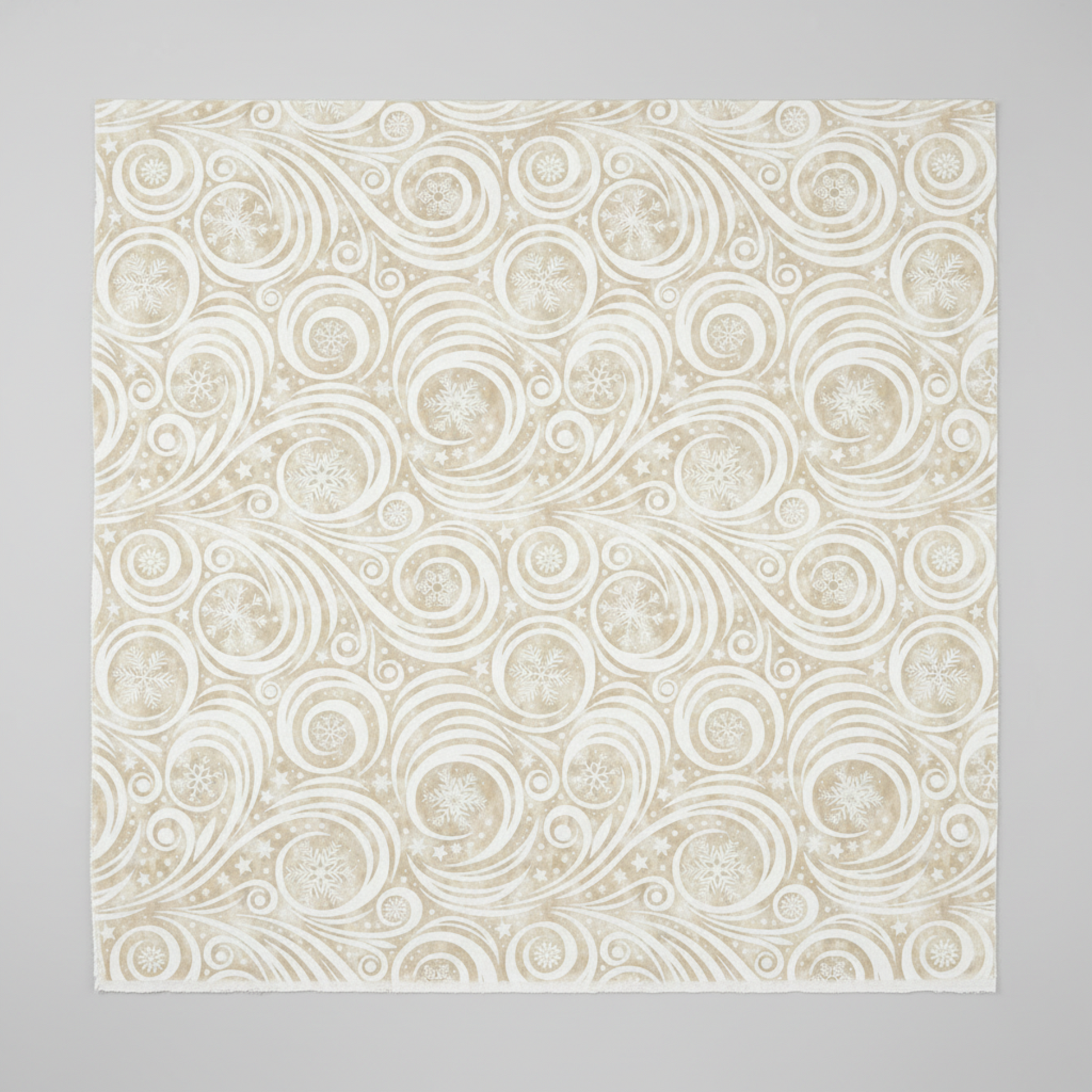 Winter Solstice II Cream Snow Swirl quilting cotton by Jason Yenter for In The Beginning Fabrics — close-up flat lay showing tone-on-tone pearl white scroll swirls and spirals with snowflakes nestled in the curls and tiny scattered stars on warm ecru mottled ground, 100% cotton, 43–44" wide. Coordinating fabrics and quilt patterns are available at IraRobi Quilts.