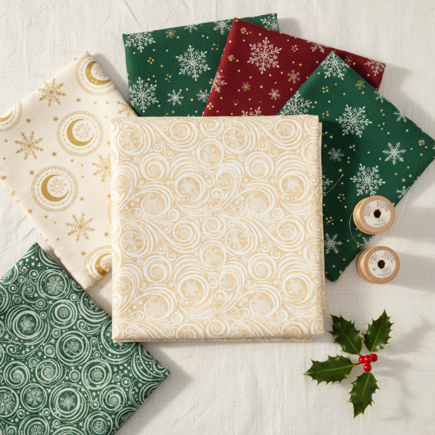 Winter Solstice II Cream Snow Swirl Fabric by Jason Yenter for In The Beginning Fabrics — shown with coordinating quilting cottons fanned flat, with cream and gold thread spools and a holly sprig. Coordinating fabrics and quilt patterns are available at IraRobi Quilts.