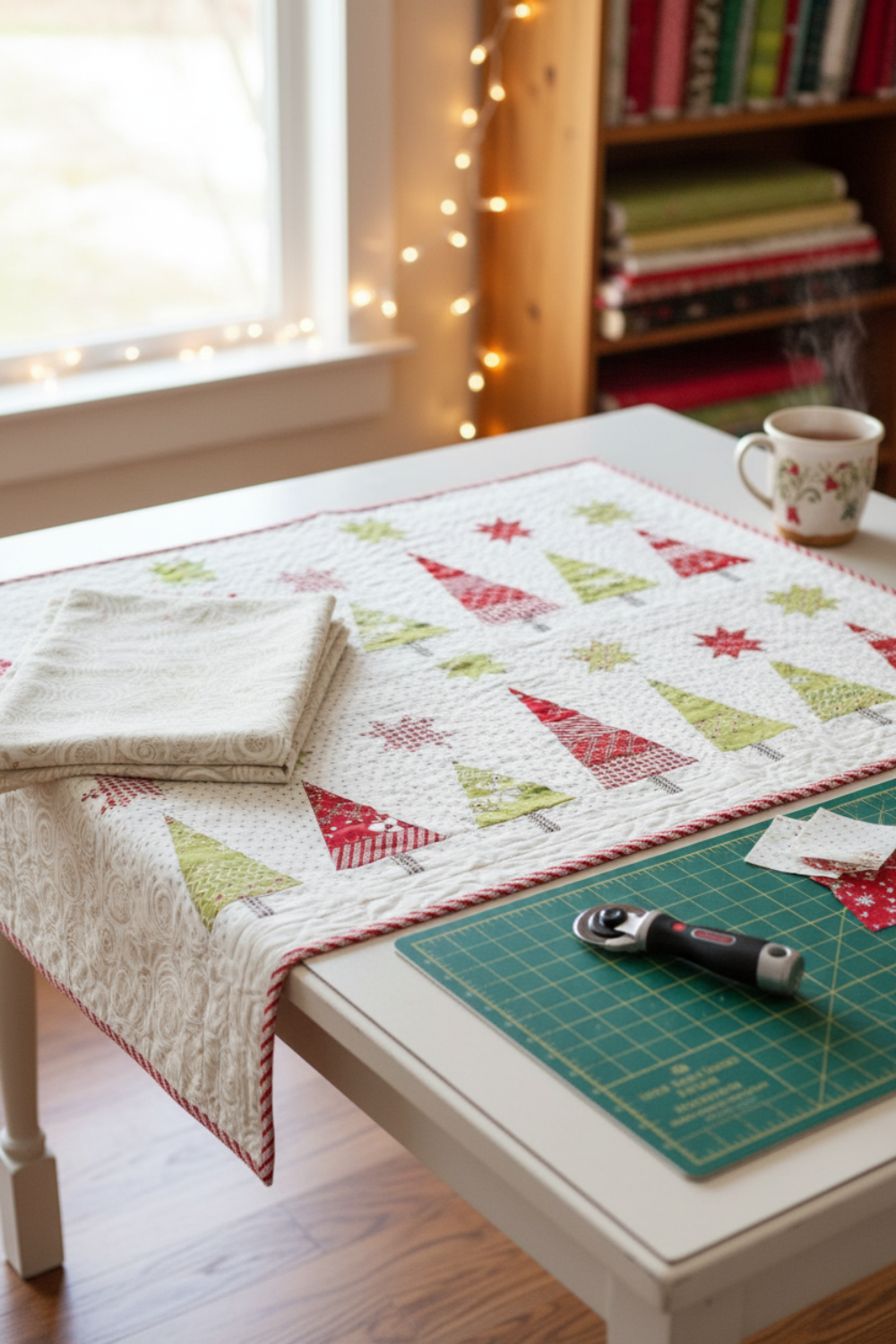 Winter Solstice II Cream Snow Swirl Fabric by Jason Yenter for In The Beginning Fabrics — shown as the background and sashing fabric in the Snowy Pines Table Runner by Margot Languedoc, cozy sewing room work in progress with fairy lights and a mug of tea. Quilts shown for inspiration feature the Snowy Pines Table Runner by Margot Languedoc for The Pattern Basket — available at IraRobi Quilts.