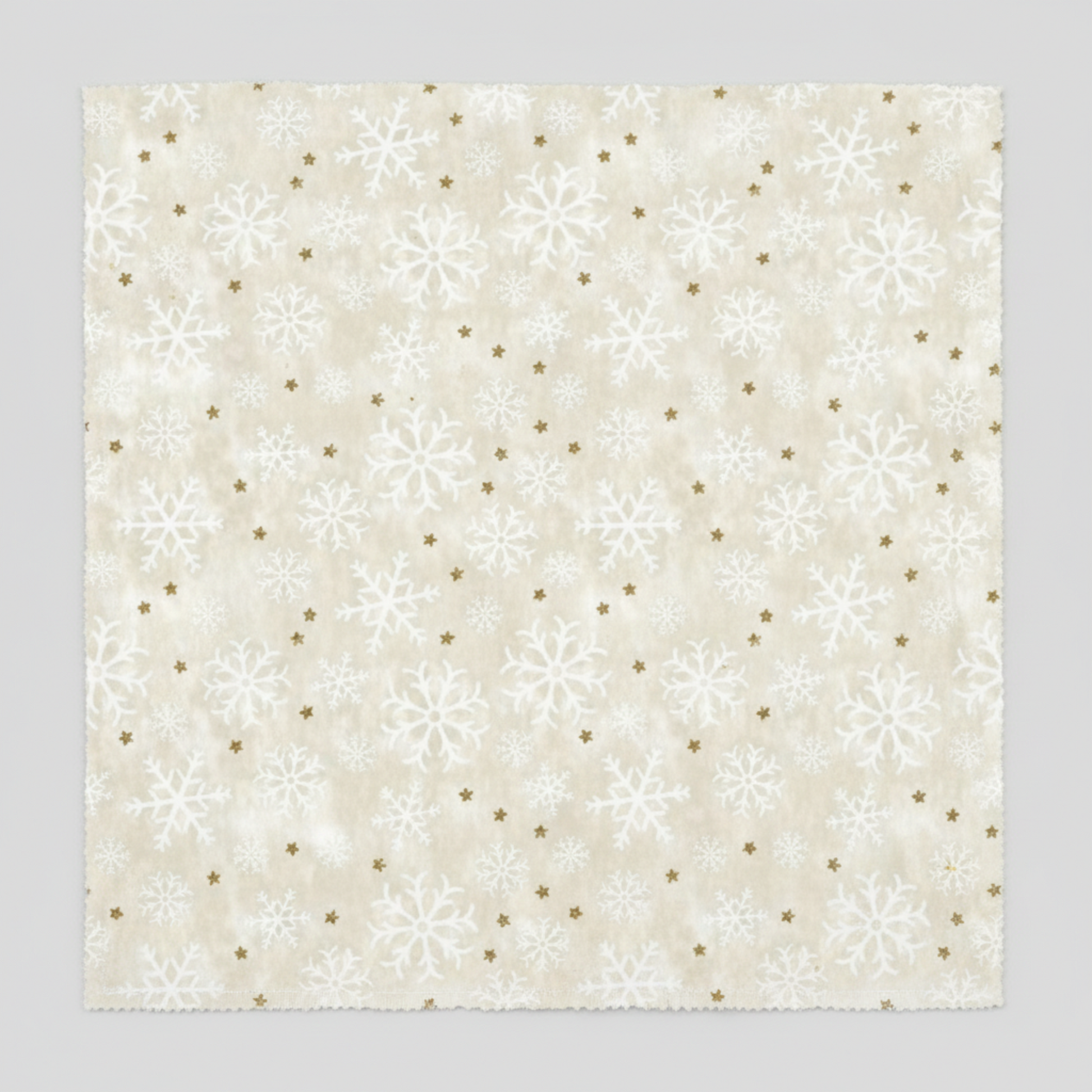 Winter Solstice II Cream Snowflakes Metallic quilting cotton by Jason Yenter for In The Beginning Fabrics — close-up flat lay showing tossed white snowflakes in multiple sizes with tiny scattered gold metallic star dots on warm mottled ecru and cream ground, 100% cotton with metallic accents, 43–44" wide. Coordinating fabrics and quilt patterns are available at IraRobi Quilts.
