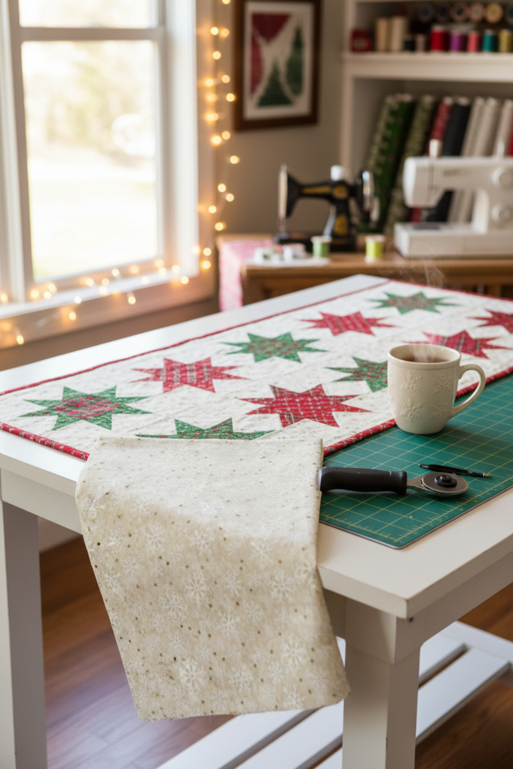 Winter Solstice II Cream Snowflakes Metallic Fabric by Jason Yenter for In The Beginning Fabrics — shown as the background fabric in a Christmas star table runner work in progress, cozy sewing room with fairy lights, vintage sewing machine, and a mug of tea in the background. Quilt blocks shown for inspiration. Coordinating fabrics and quilt patterns are available at IraRobi Quilts.