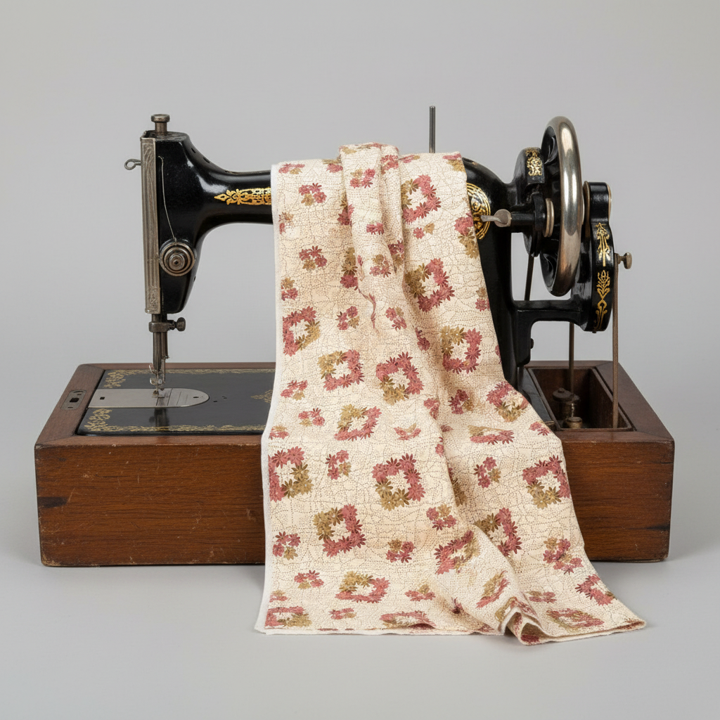The Fox Homestead Cream Square Wreath quilting cotton draped over a vintage black hand-crank sewing machine — warm cream with square daisy wreath clusters in dusty rose, muted burgundy, and olive-khaki, by Stacy West for Henry Glass