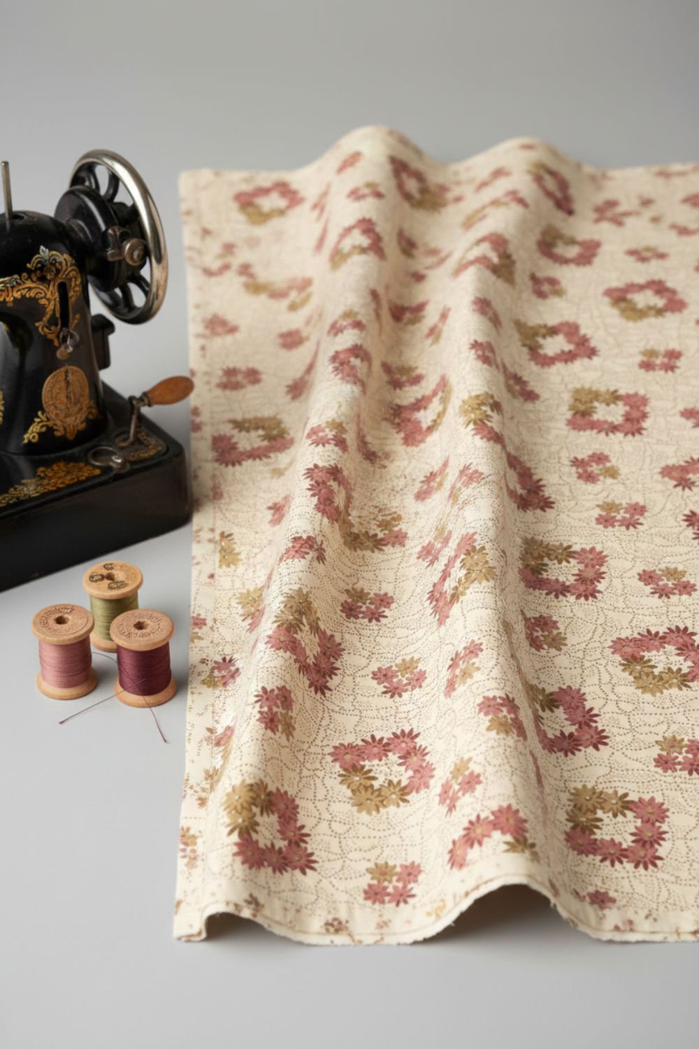 The Fox Homestead Cream Square Wreath quilting cotton by Stacy West for Henry Glass — vertical close-up showing fabric in soft folds with raw cut edge, cream ground with daisy wreath clusters in dusty rose, burgundy, and olive, with vintage sewing machine detail and thread bobbins