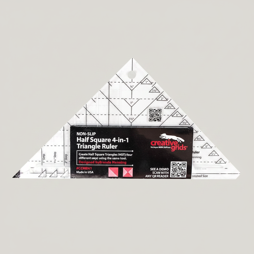 Creative Grids Non-Slip Half Square 4-in-1 Triangle Ruler CGRBH1 with packaging, designed by Brenda Henning