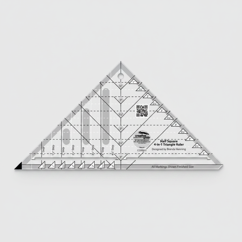 Creative Grids Half Square 4-in-1 Triangle Ruler CGRBH1 – clear acrylic with measurement markings for half square triangles, made in USA