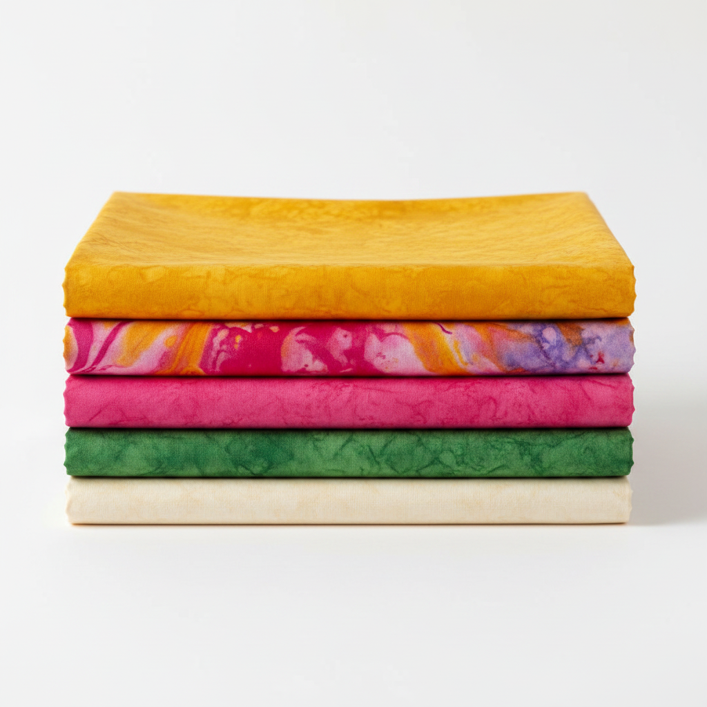 Five coordinating Expressions Batiks fabrics by Riley Blake Designs in a neat folded stack – Curry rich curry yellow on top, with Bouquet multicolor golden orange and pink, hot pink, jungle green, and warm cream tonal batiks below – 100% cotton