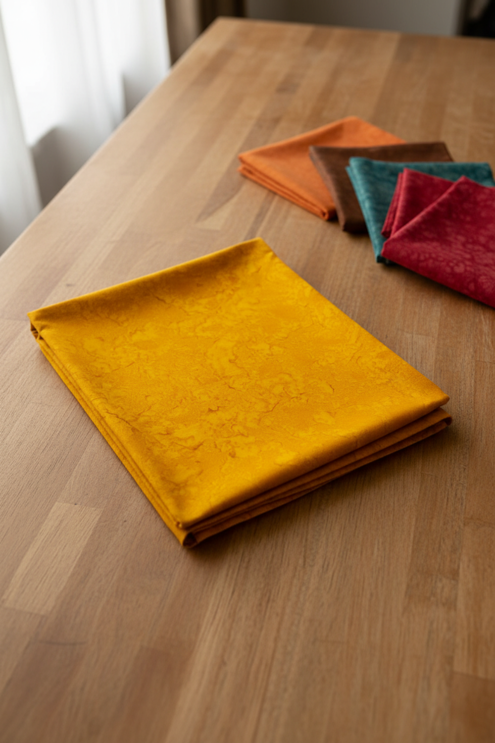 Expressions Batiks Hand-Dyes Curry fabric by Riley Blake Designs folded on a warm wood surface with coordinating warm orange, deep teal, earthy brown, and rich red tonal batik swatches nearby – rich deeply saturated curry yellow hand-dyed batik with warm golden tones, a bold tonal blender perfect for autumn and jewel-tone quilts, 100% cotton batik