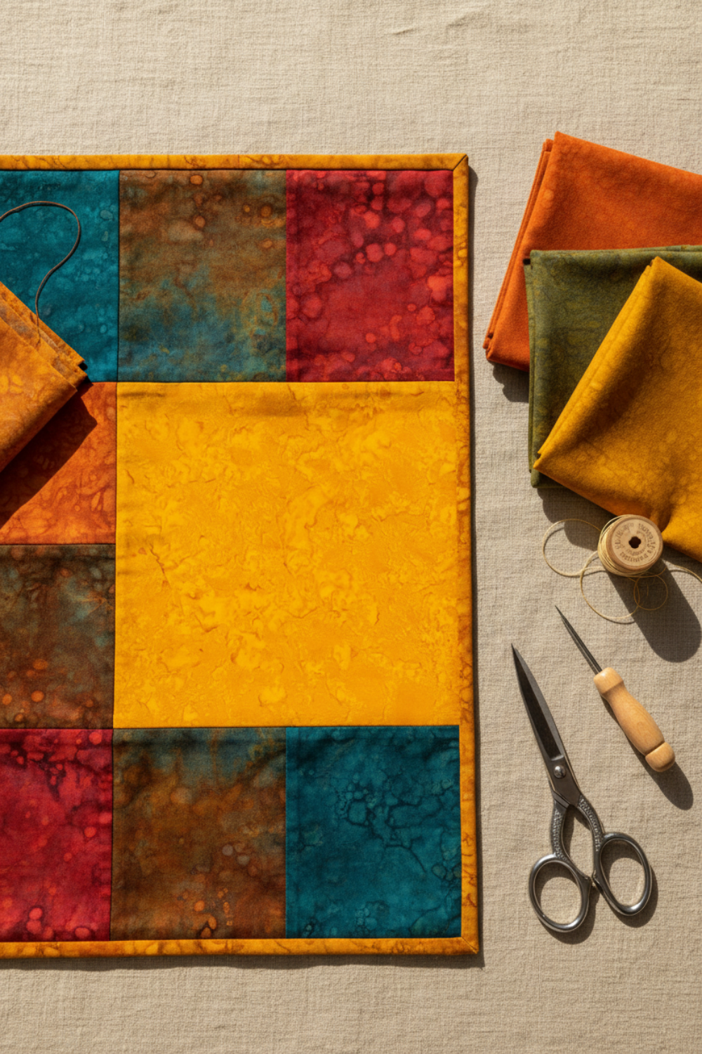 Autumn quilt flat lay featuring Expressions Batiks Hand-Dyes Curry by Riley Blake Designs as the focal fabric – rich deeply saturated curry yellow hand-dyed batik with warm golden tones in pieced blocks with coordinating warm orange, deep teal, earthy brown, and crimson red tonal batiks, folded fabric swatches on a warm linen surface