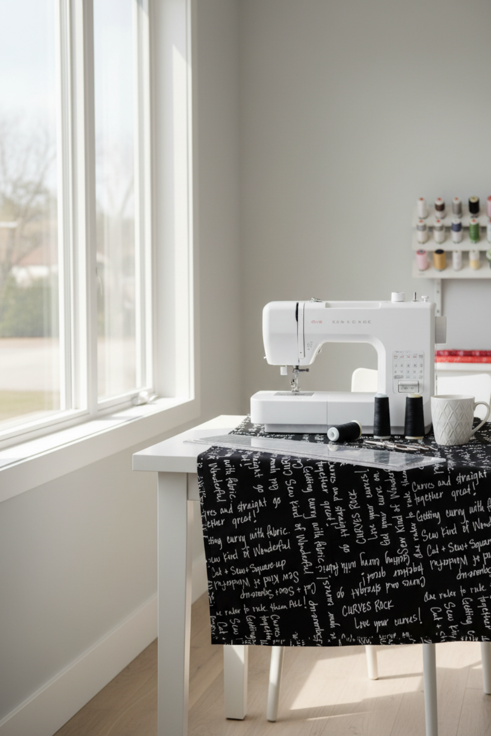 Writing on the Wall Curves Black quilting cotton by Sew Kind of Wonderful for FreeSpirit Fabrics -- bright modern sewing studio with black curves phrase fabric draped over a white sewing table near a large window, modern white sewing machine, curved acrylic ruler, thread spools, scissors, and ceramic mug in warm natural light