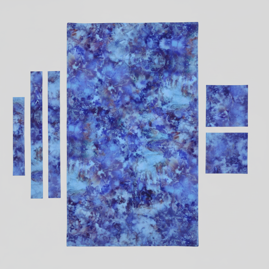Fire & Ice by Maywood Studio Navy Ice Dye cotton quilting fabric cut into strips and squares arranged in a flat lay on light grey background