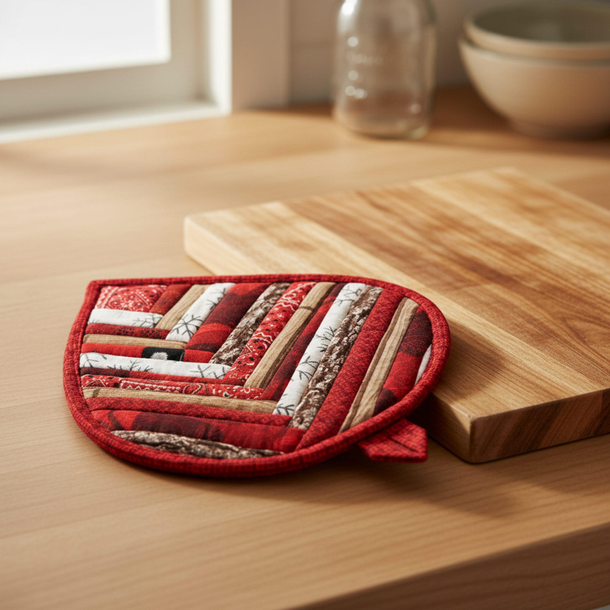 Handmade Christmas Red leaf-shaped quilted hot pad beside a wooden cutting board | IraRobi Quilts