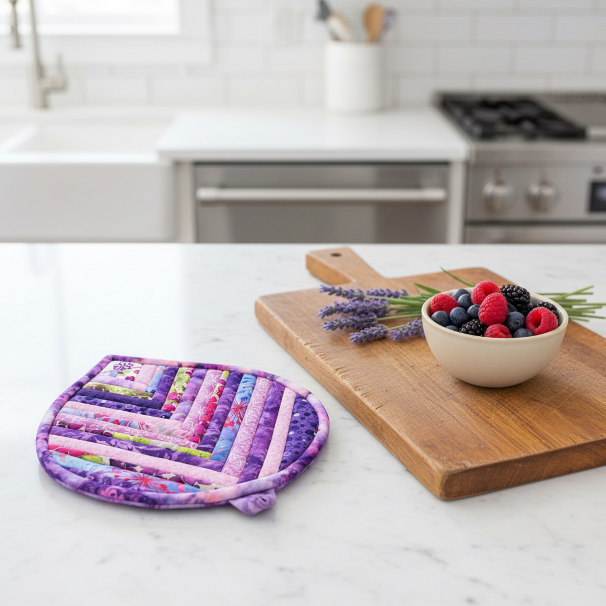 Handmade Violet Bloom leaf-shaped quilted hot pad beside a wooden cutting board with fresh lavender | IraRobi Quilts"