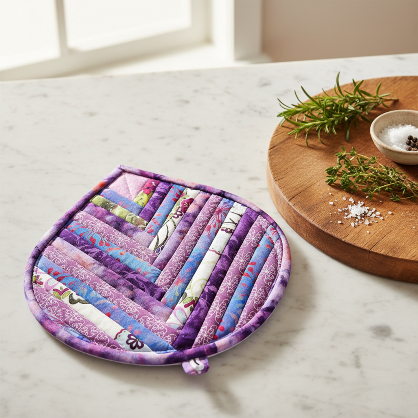 Handmade Purple Garden leaf-shaped quilted hot pad beside a wooden cutting board with fresh herbs | IraRobi Quilts