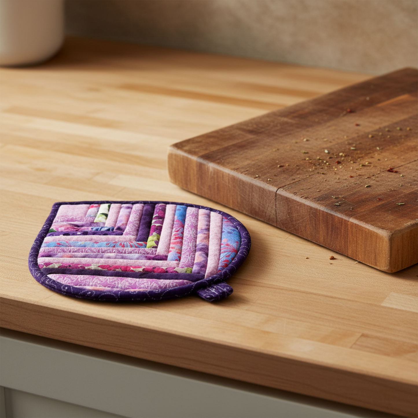 Handmade Lavender Garden leaf-shaped quilted hot pad beside a wooden cutting board | IraRobi Quilts