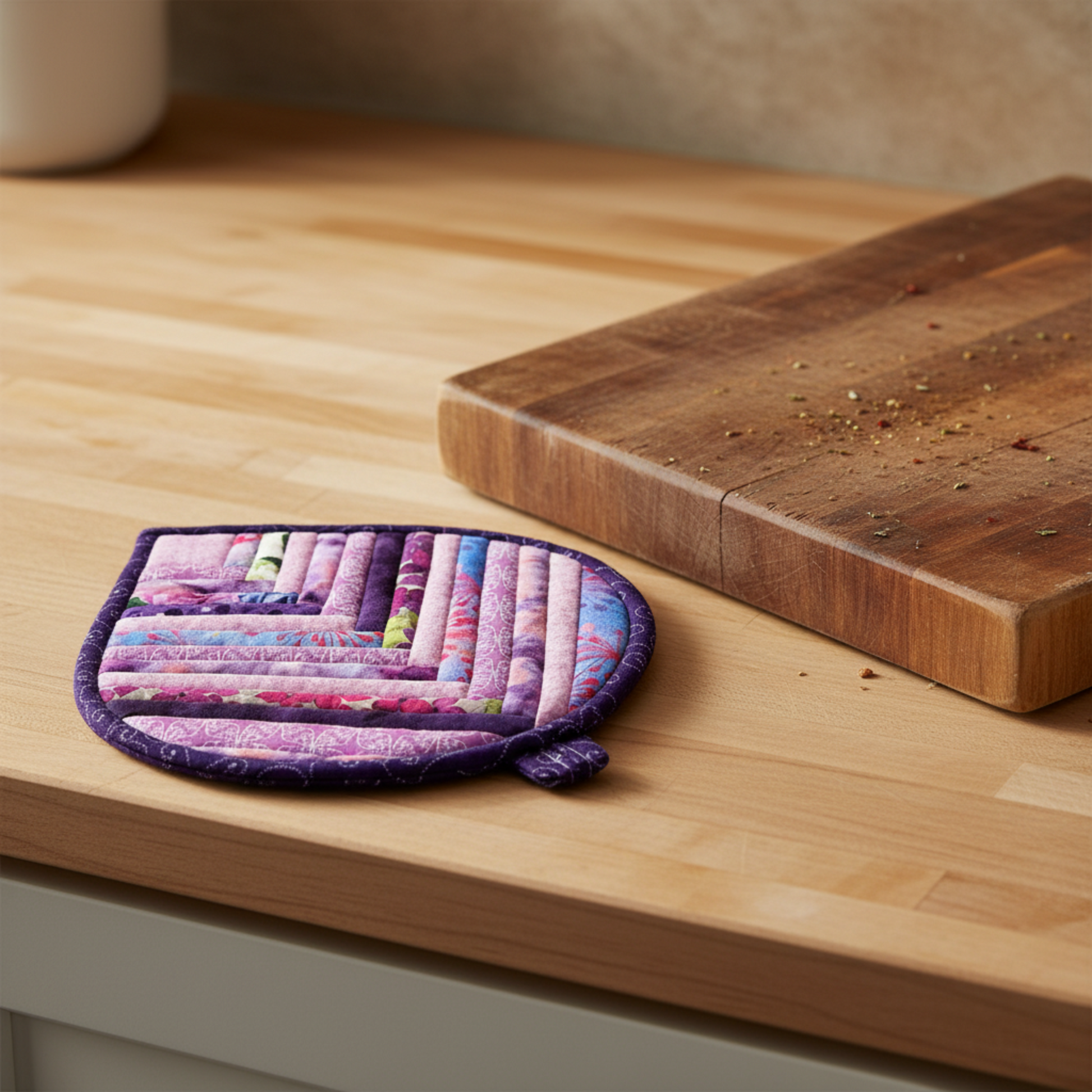 Handmade Lavender Garden leaf-shaped quilted hot pad beside a wooden cutting board | IraRobi Quilts