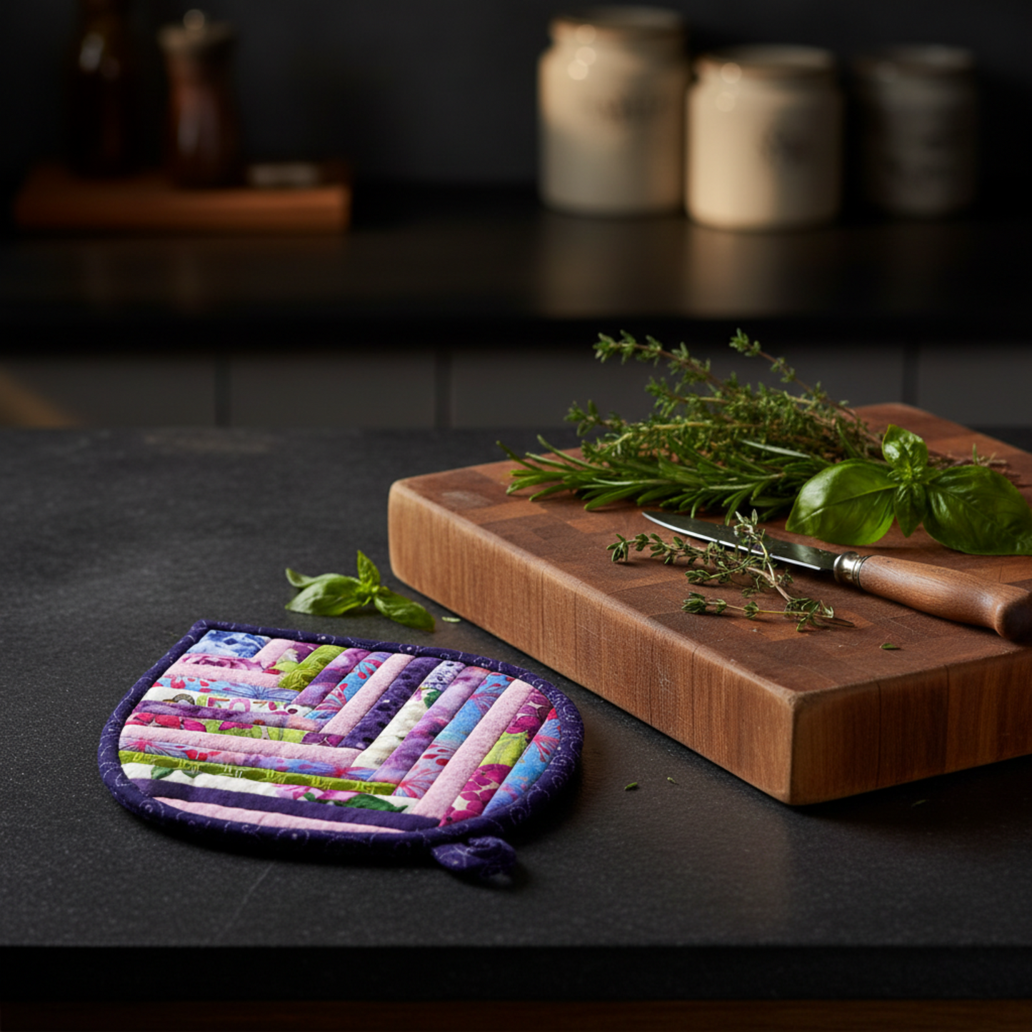Handmade Indigo Berry leaf-shaped quilted hot pad beside a wooden cutting board with fresh herbs | IraRobi Quilts"