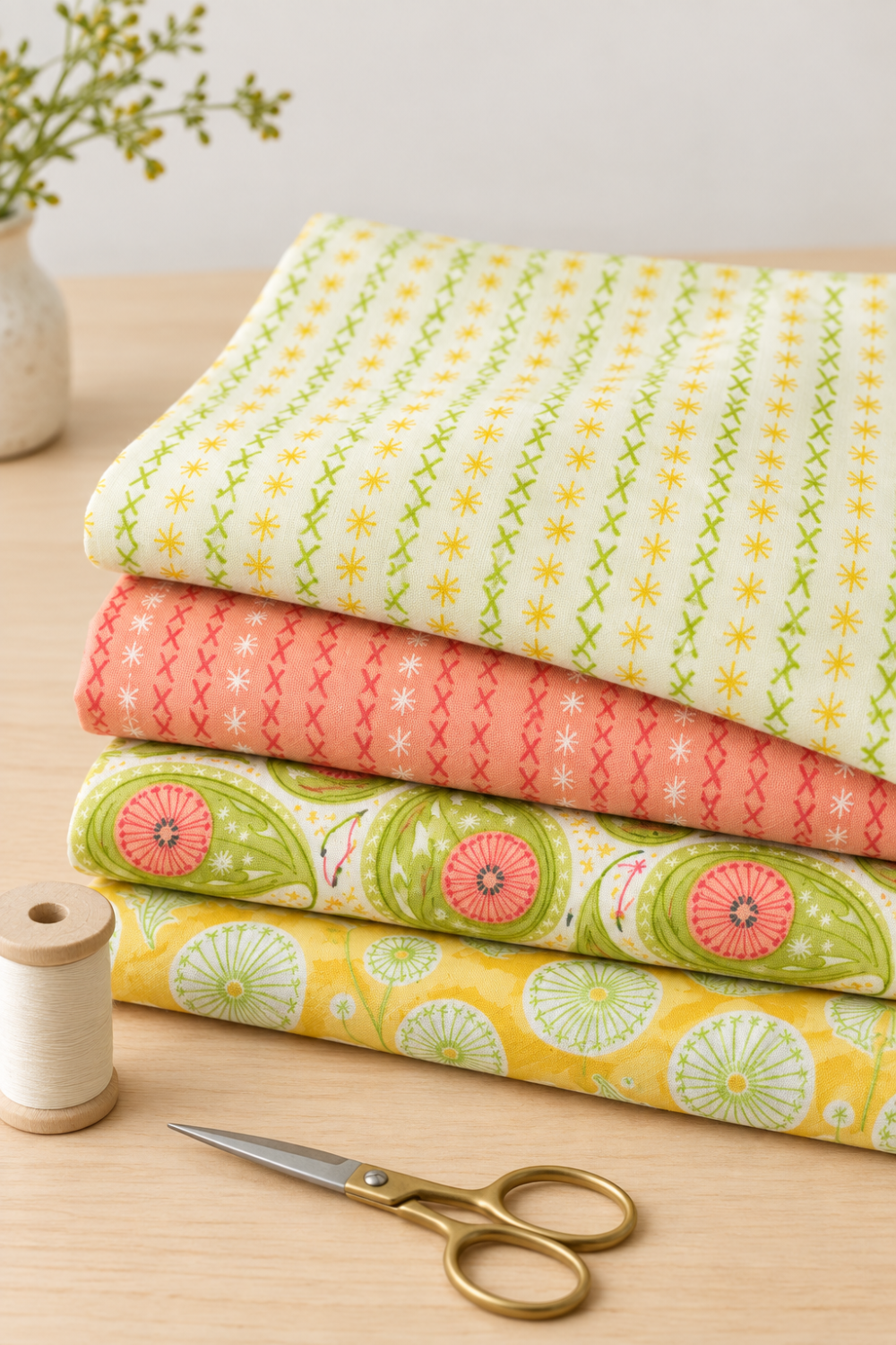 Four coordinating Dandi Duo fabrics stacked on a sewing table beside thread and scissors: cream, peach, green paisley, and yellow dandelion prints.
