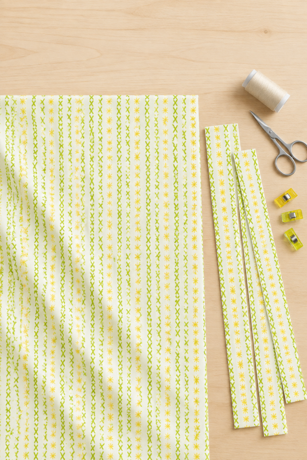 Dandi Duo Cream fabric and matching cut strips on a light wood sewing table beside thread, scissors, and fabric clips.