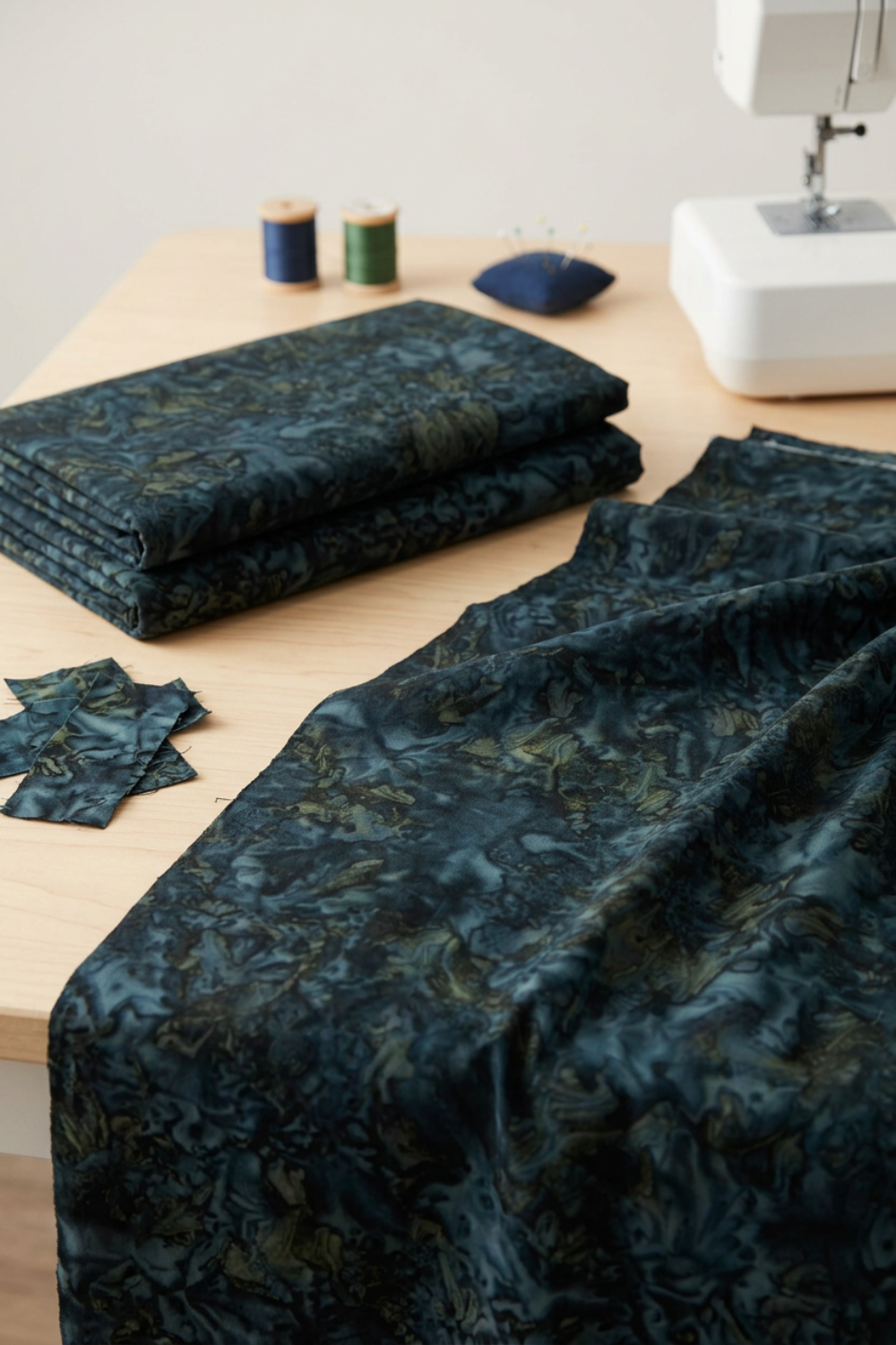 Color Play Mottled Rainstorm fabric by Riley Blake Designs, folded and draped across a sewing table with matching remnants, thread spools, a pincushion, and a sewing machine.