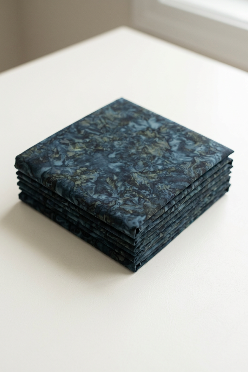 Neatly folded Color Play Mottled Rainstorm fabric by Riley Blake Designs on an ivory tabletop, showing dark blue-teal and olive mottling.