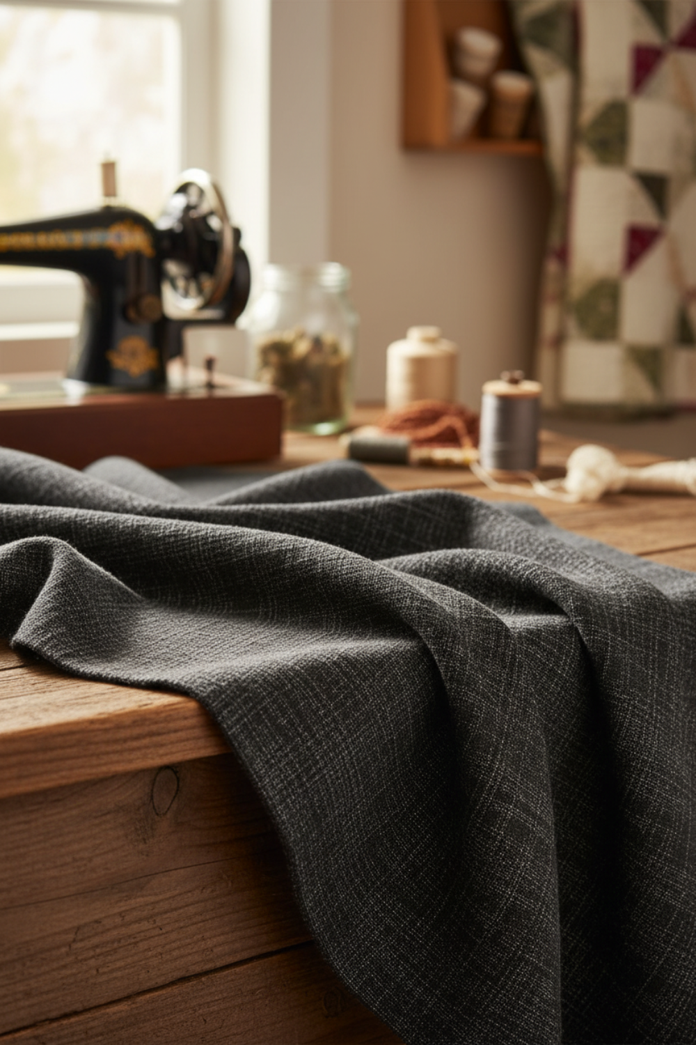 Deep dark charcoal Interwoven geometric crosshatch quilting fabric draped to show subtle woven texture and tonal variation. Interwoven Dark Slate by Jason Yenter for In The Beginning Fabrics – shop fabric at IraRobi Quilts | #quiltingfabric #darkfabric #geometricfabric #inthebeginning #modernquilt