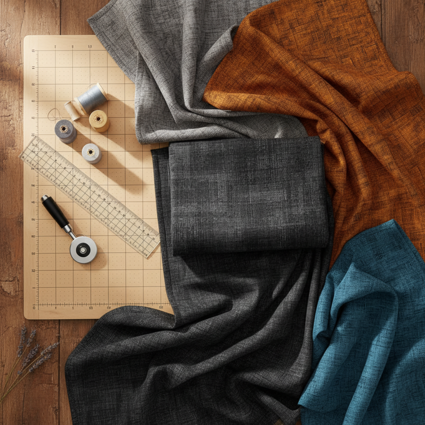 Deep dark charcoal Interwoven Dark Slate geometric fabric styled with coordinating Interwoven fabrics in slate, gold, orange and ocean in a cozy quilting sewing room – by Jason Yenter for In The Beginning Fabrics at IraRobi Quilts