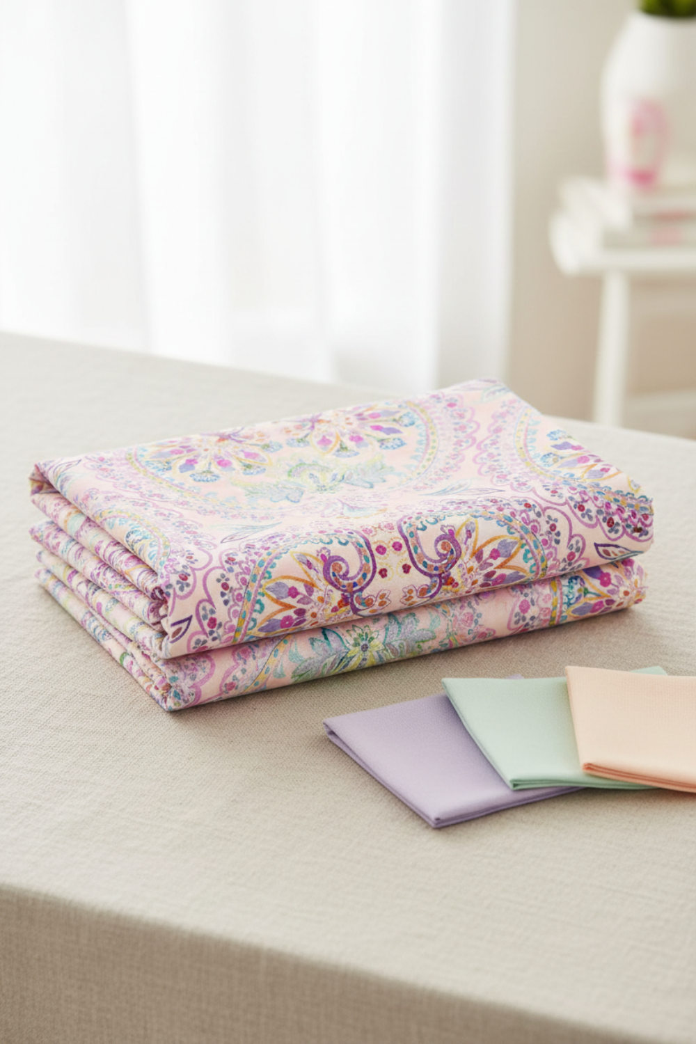 Daydreams Multi Floral Paisley fabric by Jason Yenter for In The Beginning Fabrics folded on a linen surface – ornate floral medallions and swirling paisley damask in dreamy watercolor pastels of pink, lavender, purple, and teal on soft blush ground, perfect for romantic spring quilt projects, digitally printed, 100% cotton, 3 yard cut