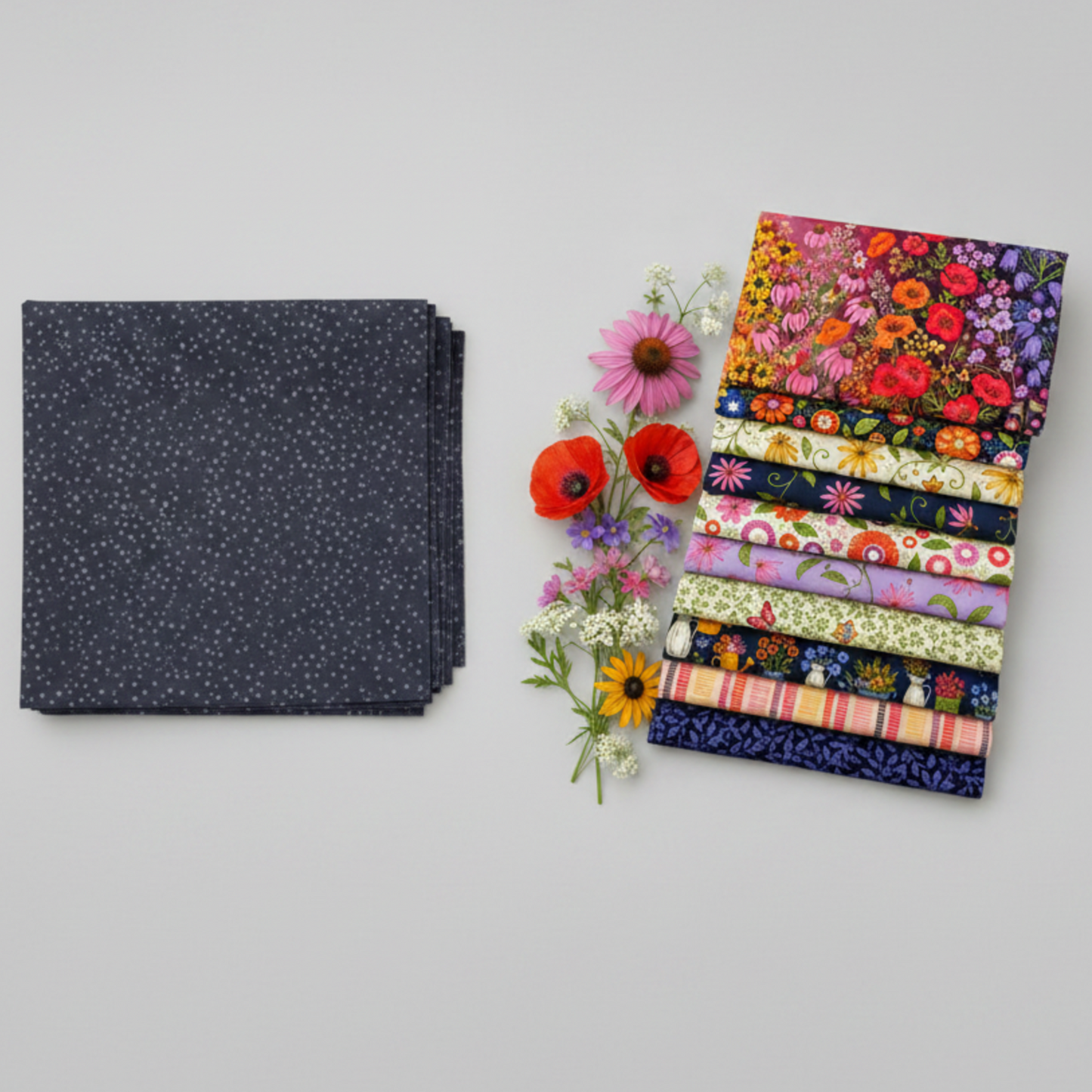 Dotty Thatched Indigo fabric by Robin Pickens for Moda Fabrics — deep indigo-charcoal with scattered tonal grey dots — shown beside a coordinating stack of Wild Blossoms quilting cotton fabrics by Robin Pickens for Moda Fabrics with fresh botanical flowers. Coordinating fabrics available at IraRobi Quilts.