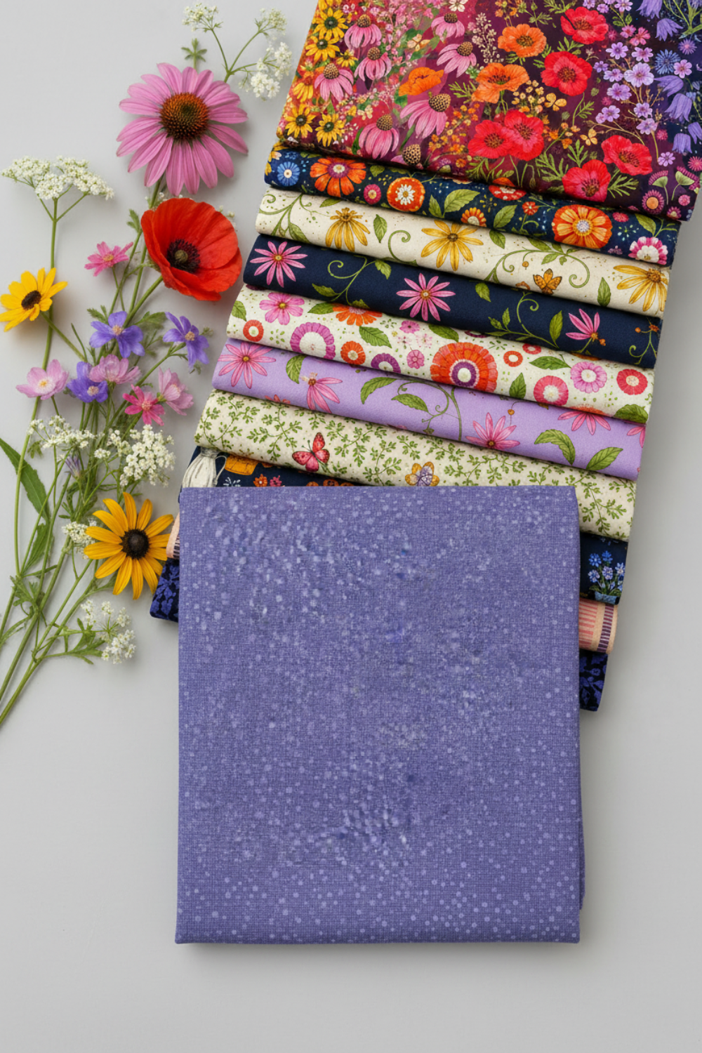 Dotty Thatched Periwinkle fabric by Robin Pickens for Moda Fabrics — periwinkle-blue with scattered tonal dots — shown beside a coordinating stack of Superbloom quilting cotton fabrics by Robin Pickens for Moda Fabrics with vibrant botanical florals. Coordinating fabrics and quilt patterns available at IraRobi Quilts.