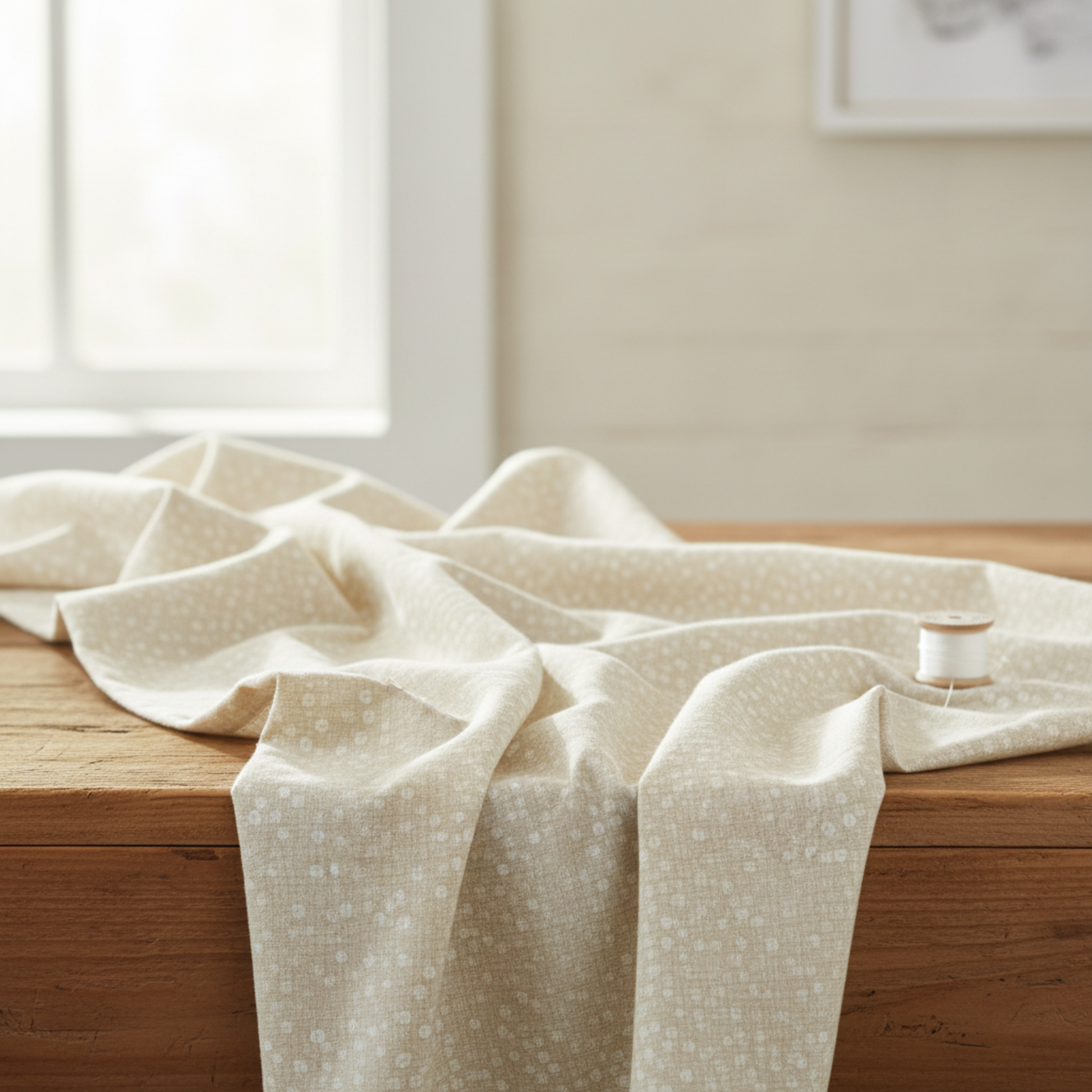 Dotty Thatched Washed Linen quilting cotton fabric draped over wood surface – warm cream dot texture blender by Robin Pickens for Moda Fabrics