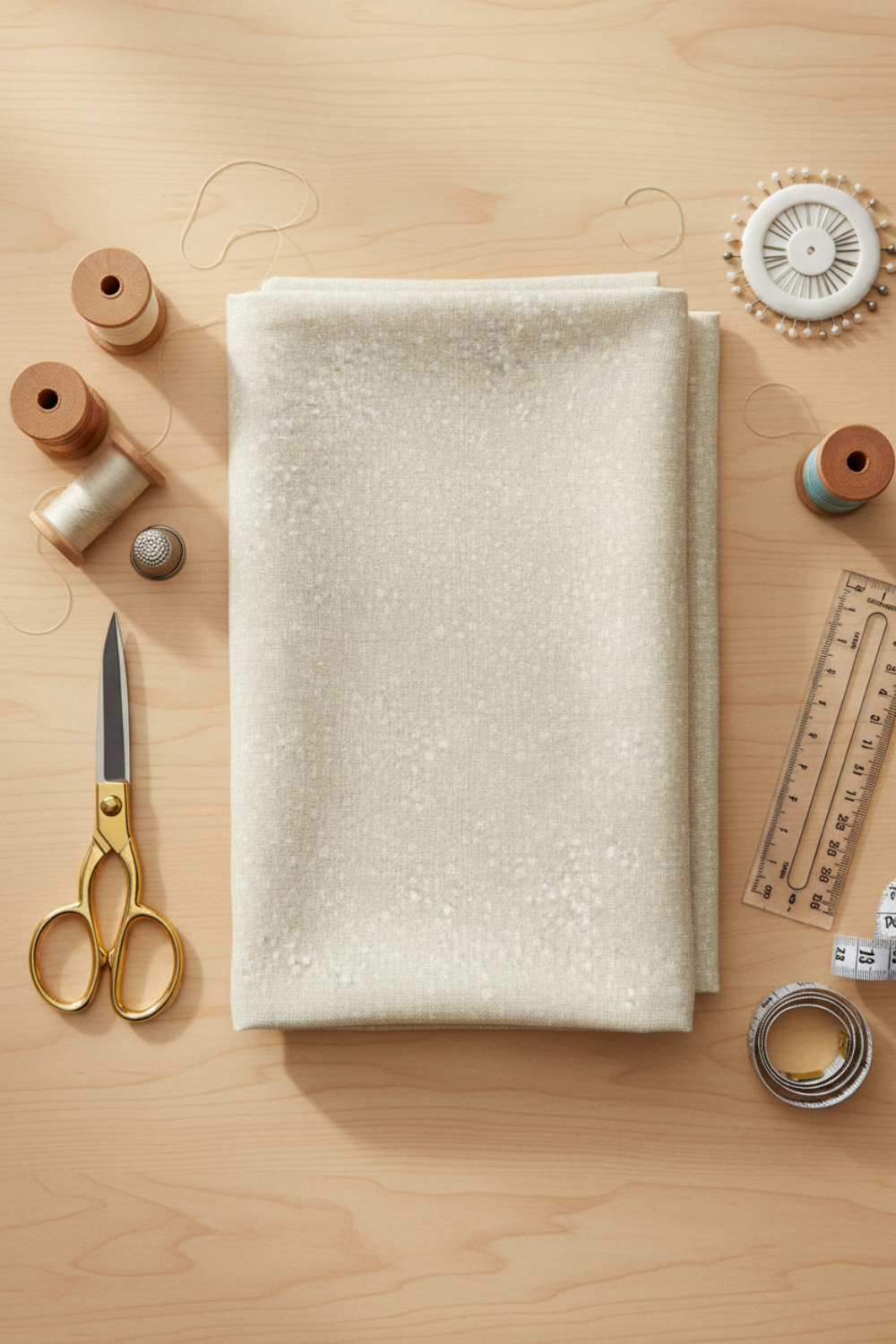 Styled sewing room flat lay with Dotty Thatched Washed Linen fabric by Robin Pickens for Moda Fabrics – cream dot texture blender with quilting notions – available at IraRobi Quilts