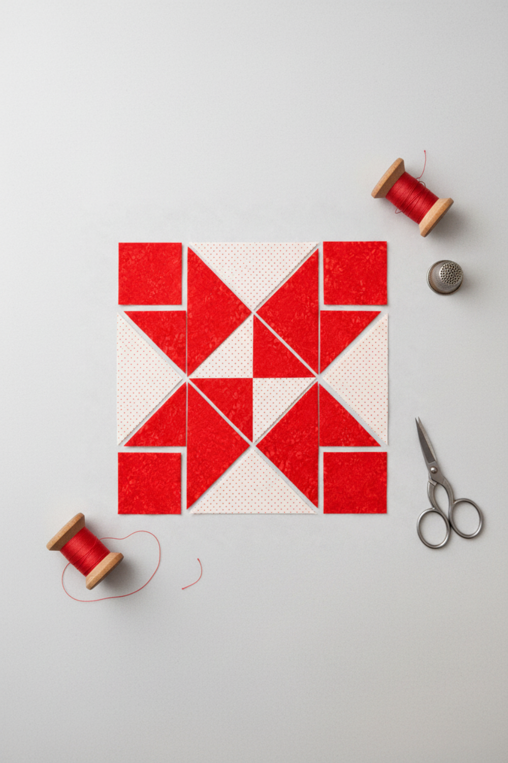 Double Pinwheel quilt block layout featuring Expressions Batiks Hand-Dyes Tomato Red fabric by Riley Blake Designs – bold vivid tomato red tonal hand-dyed batik triangles and squares paired with crisp white-on-white red polka dot fabric in a dynamic pinwheel arrangement on a light grey surface, with red thread spools, silver thimble, and fabric scissors nearby. Quilt blocks shown for inspiration. Coordinating fabrics and quilt patterns are available at IraRobi Quilts.