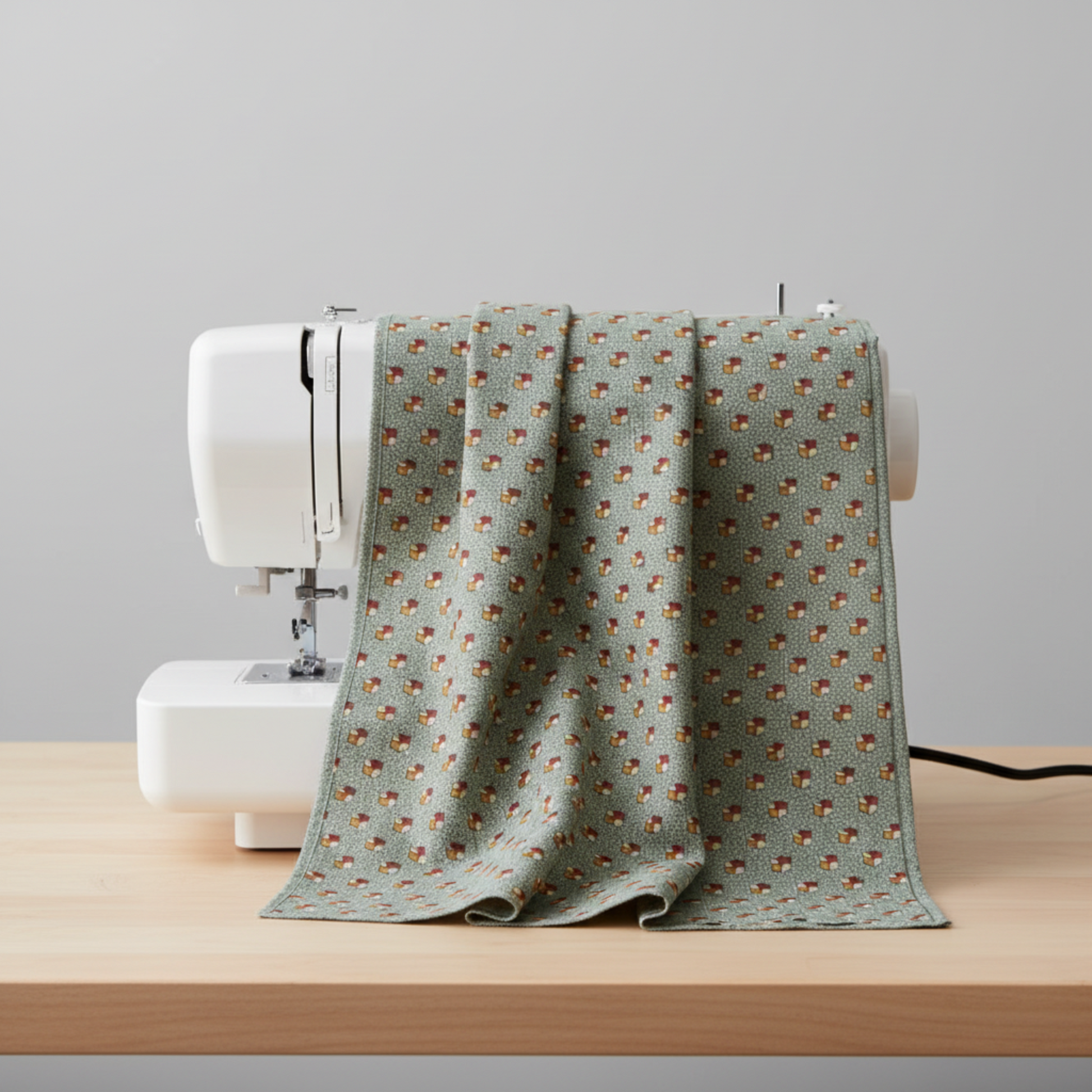 Quilting cotton fabric draped naturally over a sewing machine with soft folds showing the fabric print and texture.