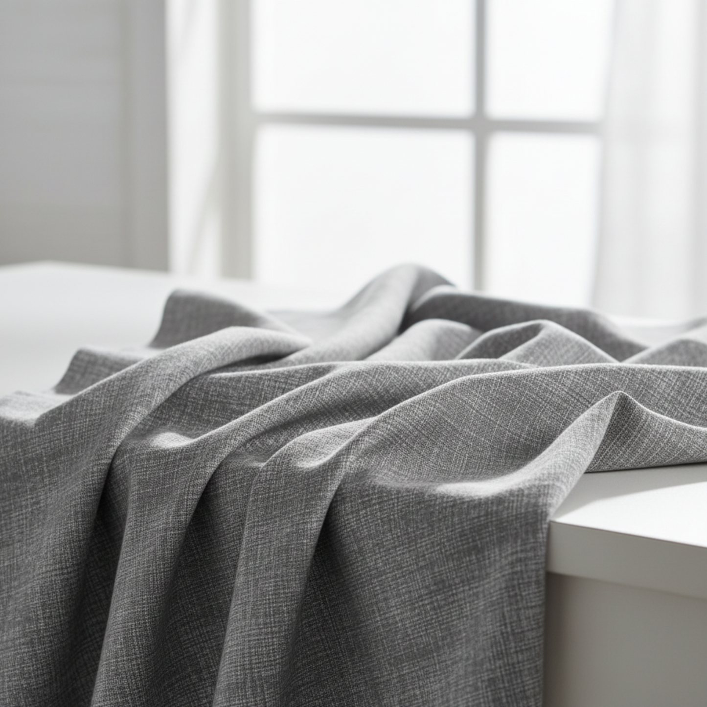 Interwoven Slate quilting fabric draped to show cool medium-grey geometric crosshatch texture and subtle tonal variation – 100% cotton quilting fabric by Jason Yenter for In The Beginning Fabrics